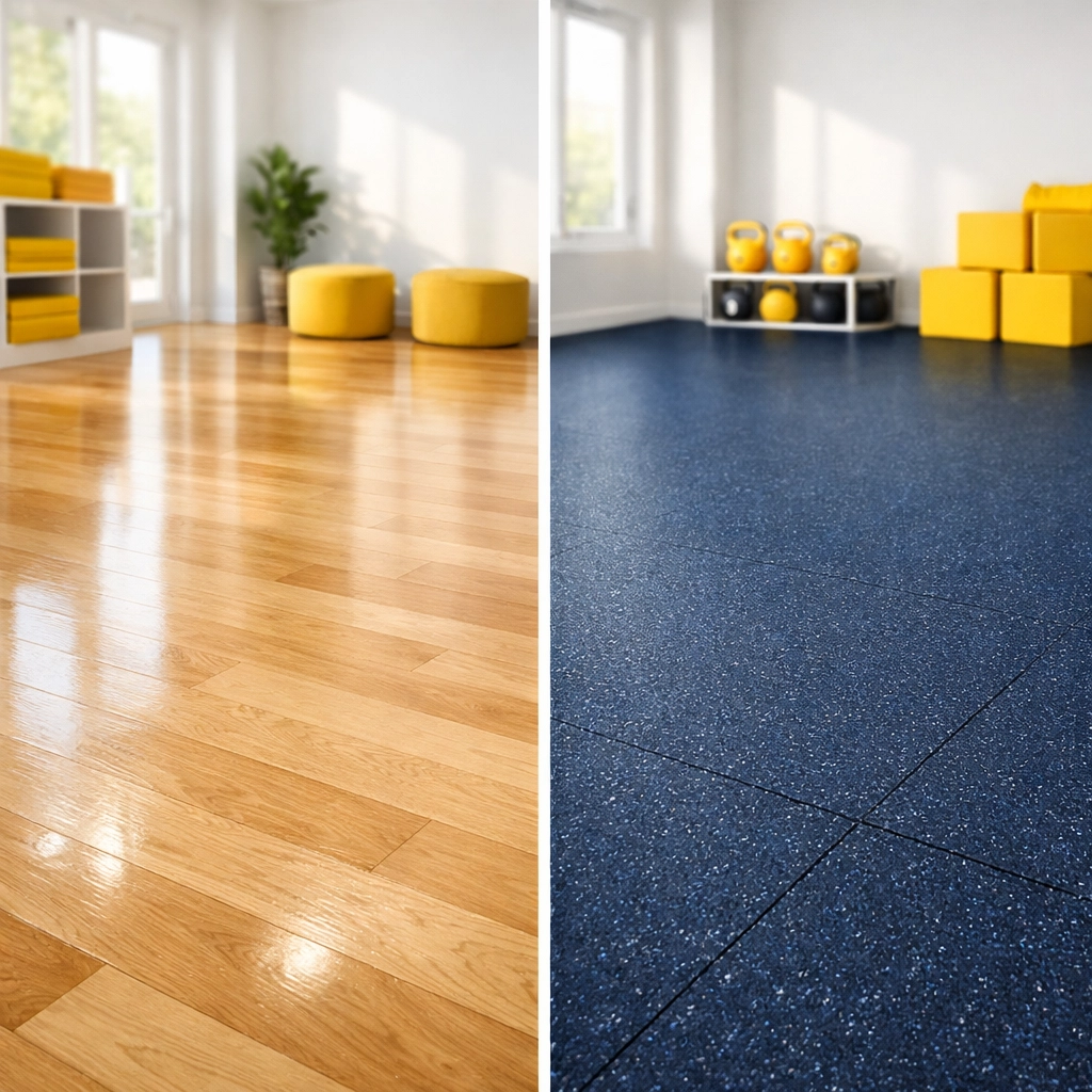 Specialized cleaning for hardwood and rubber flooring in a Melrose wellness center.