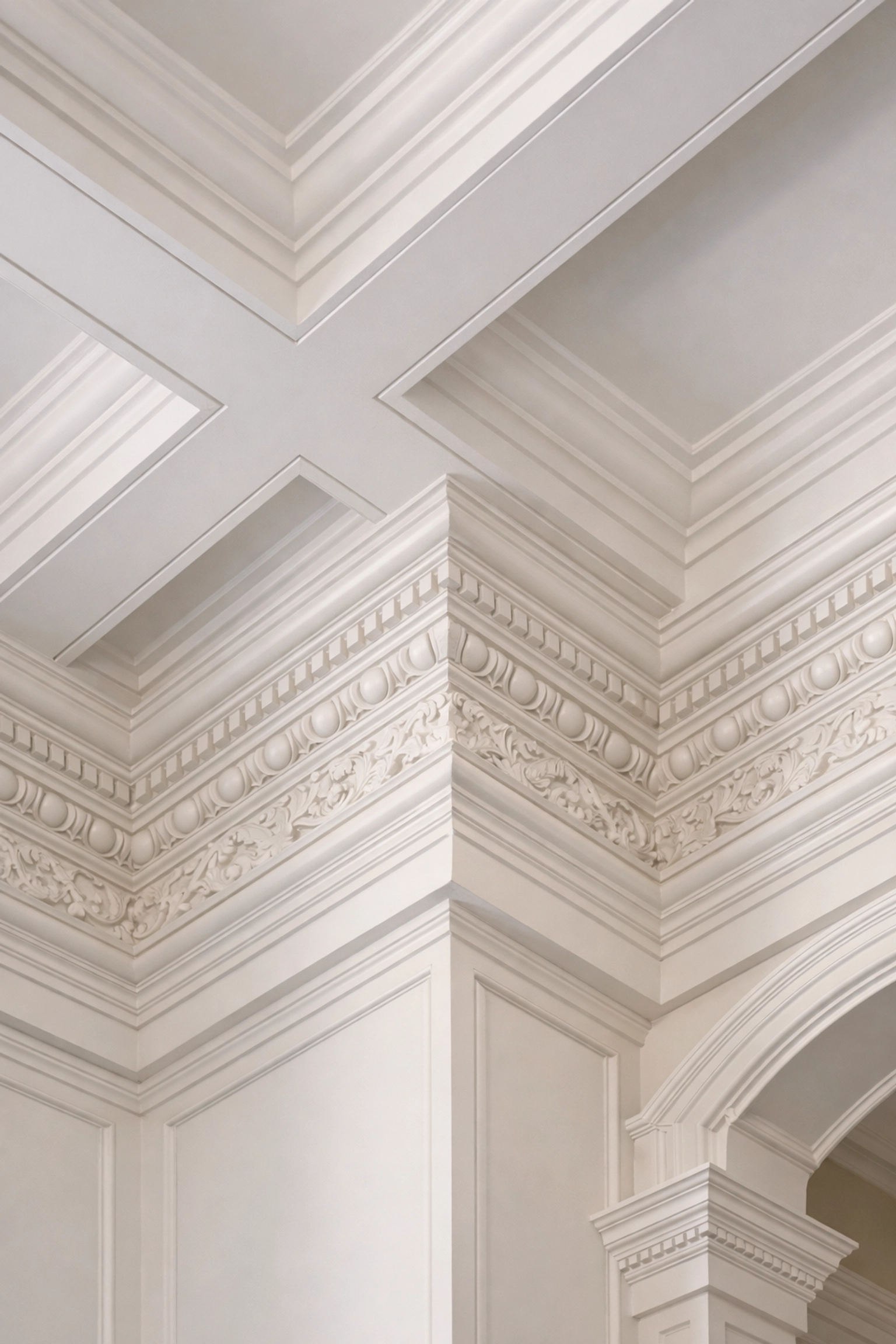 Deep cleaned white crown molding and coffered ceiling in a luxury Hingham estate near World's End.