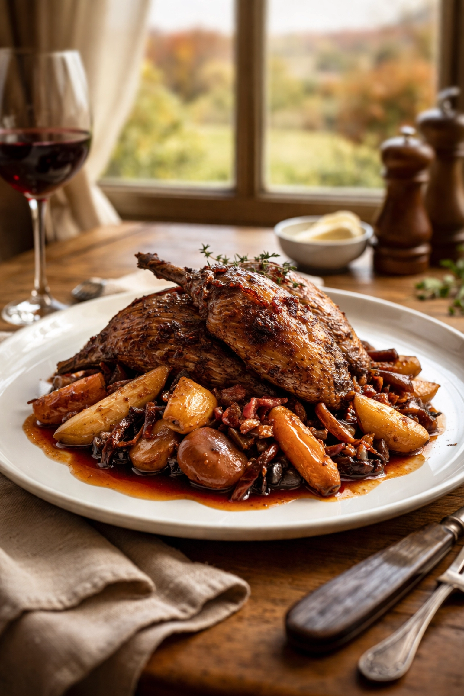 Rustic British game dish with roast pheasant and root vegetables in an upscale Cotswolds restaurant