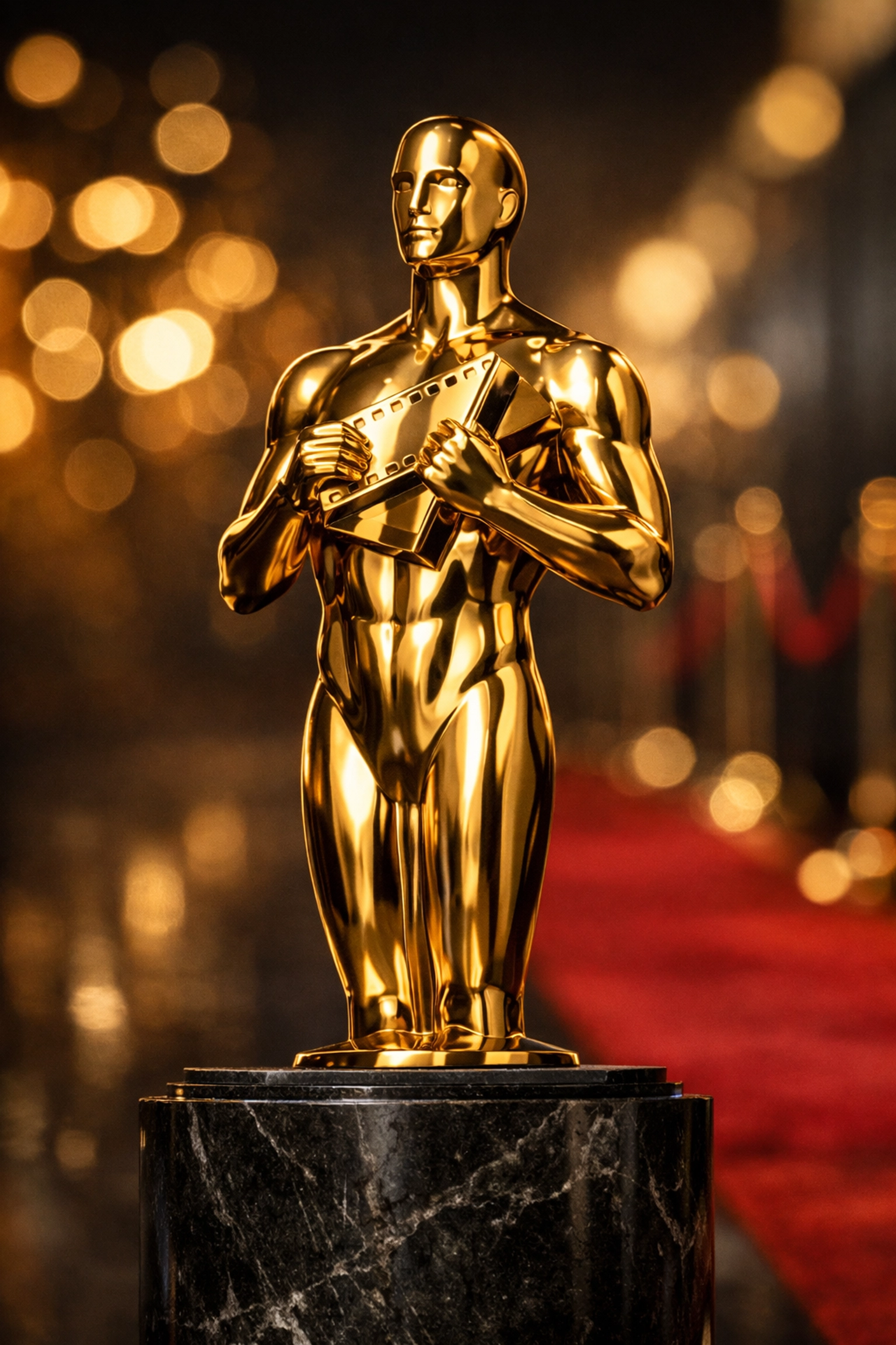 Close-up of a sleek golden film award statue representing major Hollywood award season predictions.