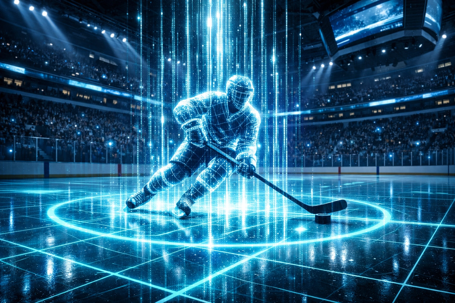 Digital hockey rink grid illustrating advanced AI predictive models for NHL computer picks.