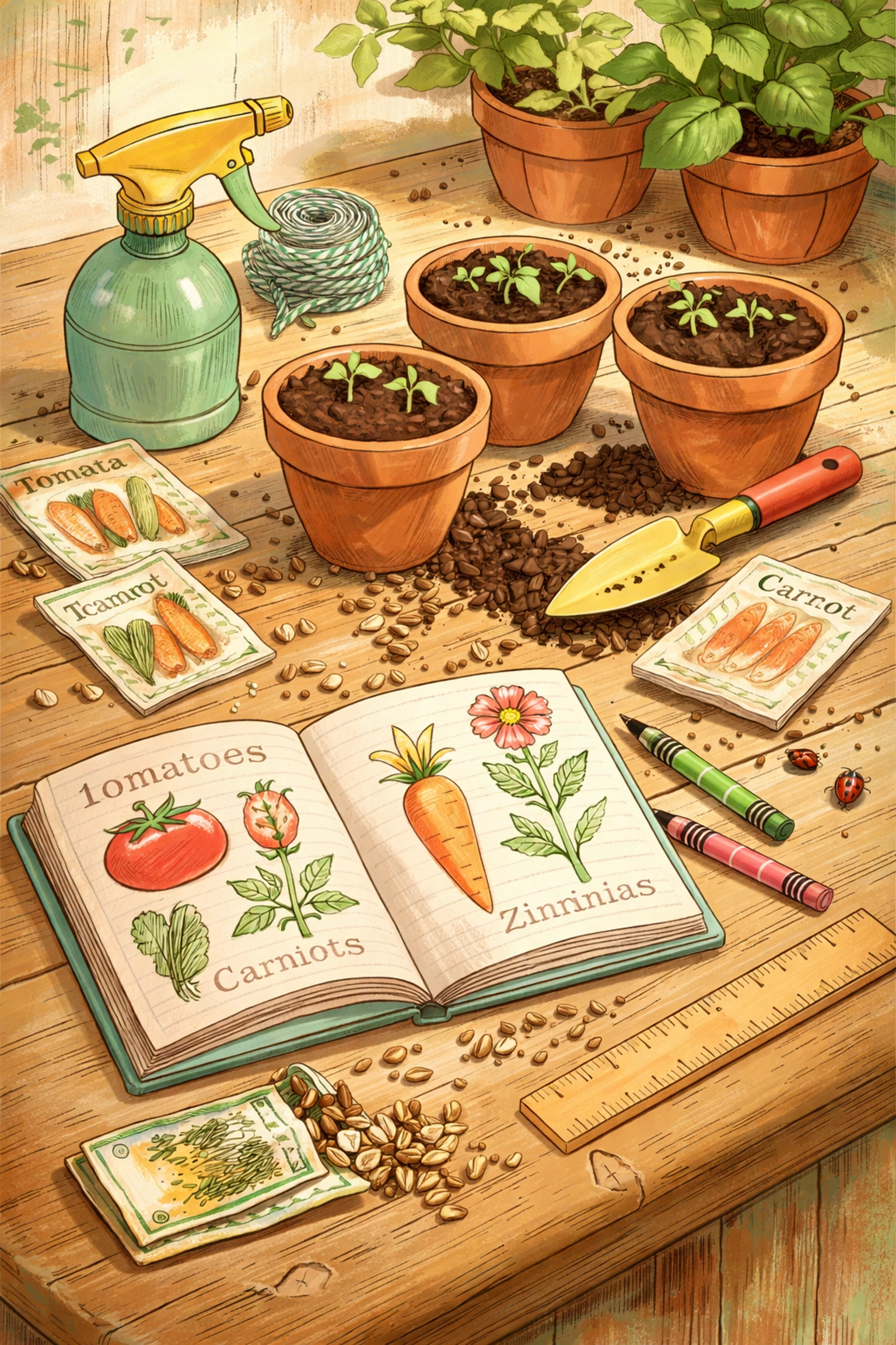 Bird’s-eye view of a child’s indoor gardening station with pots, seeds, and tools, showcasing DIY garden setup for kids