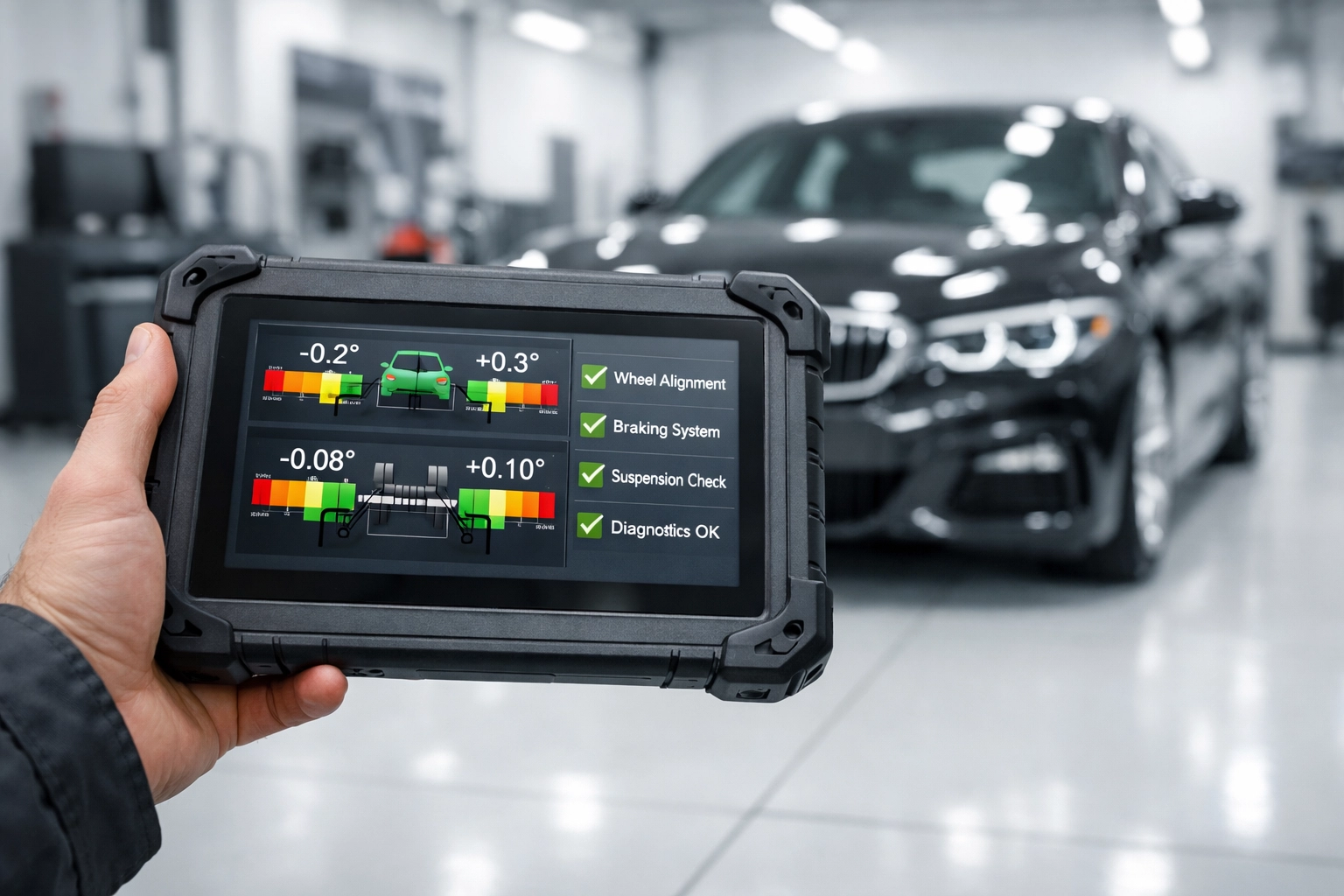Technician performing ADAS sensor calibration on a luxury BMW using professional diagnostic equipment.