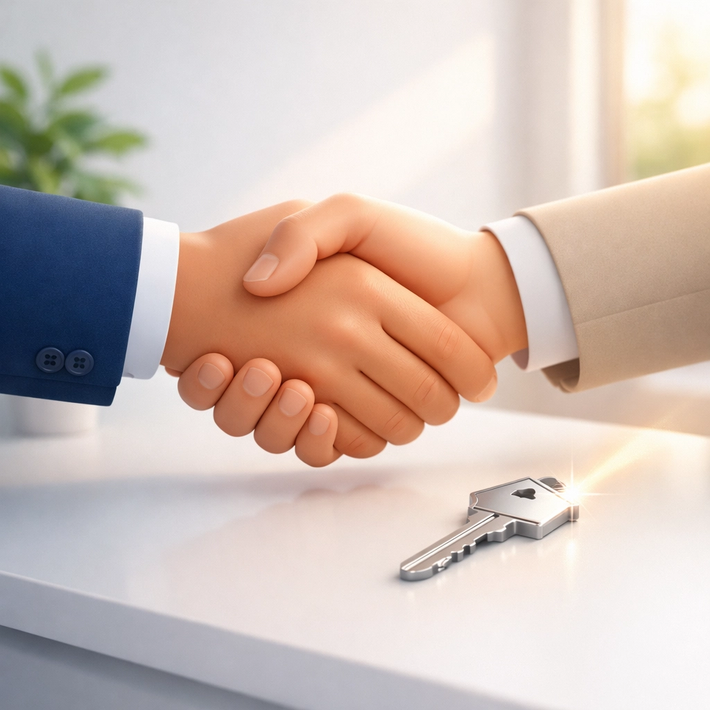 A professional handshake and house key showing a trusted partnership with realtors in Houston TX.