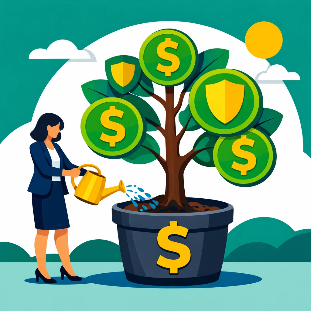 Modern illustration of retirement savings growth through tax-advantaged 401k and IRA contributions.