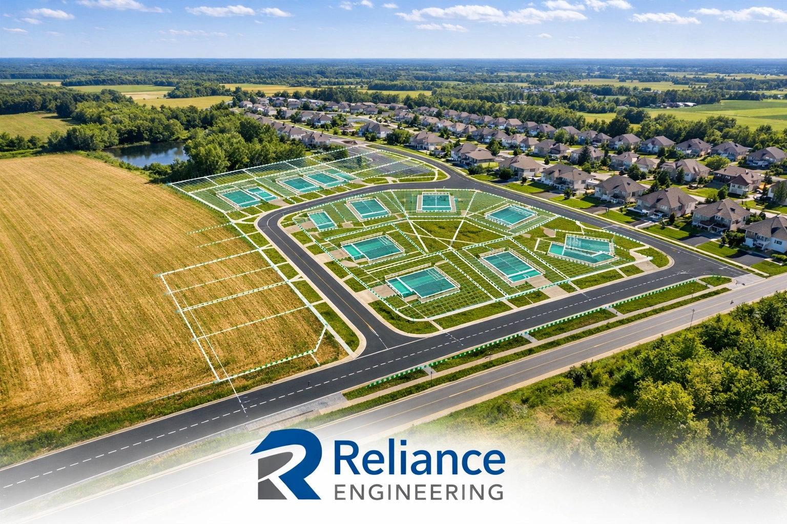 Aerial view of Ontario land with technical overlays showing lot boundaries for a severance application.