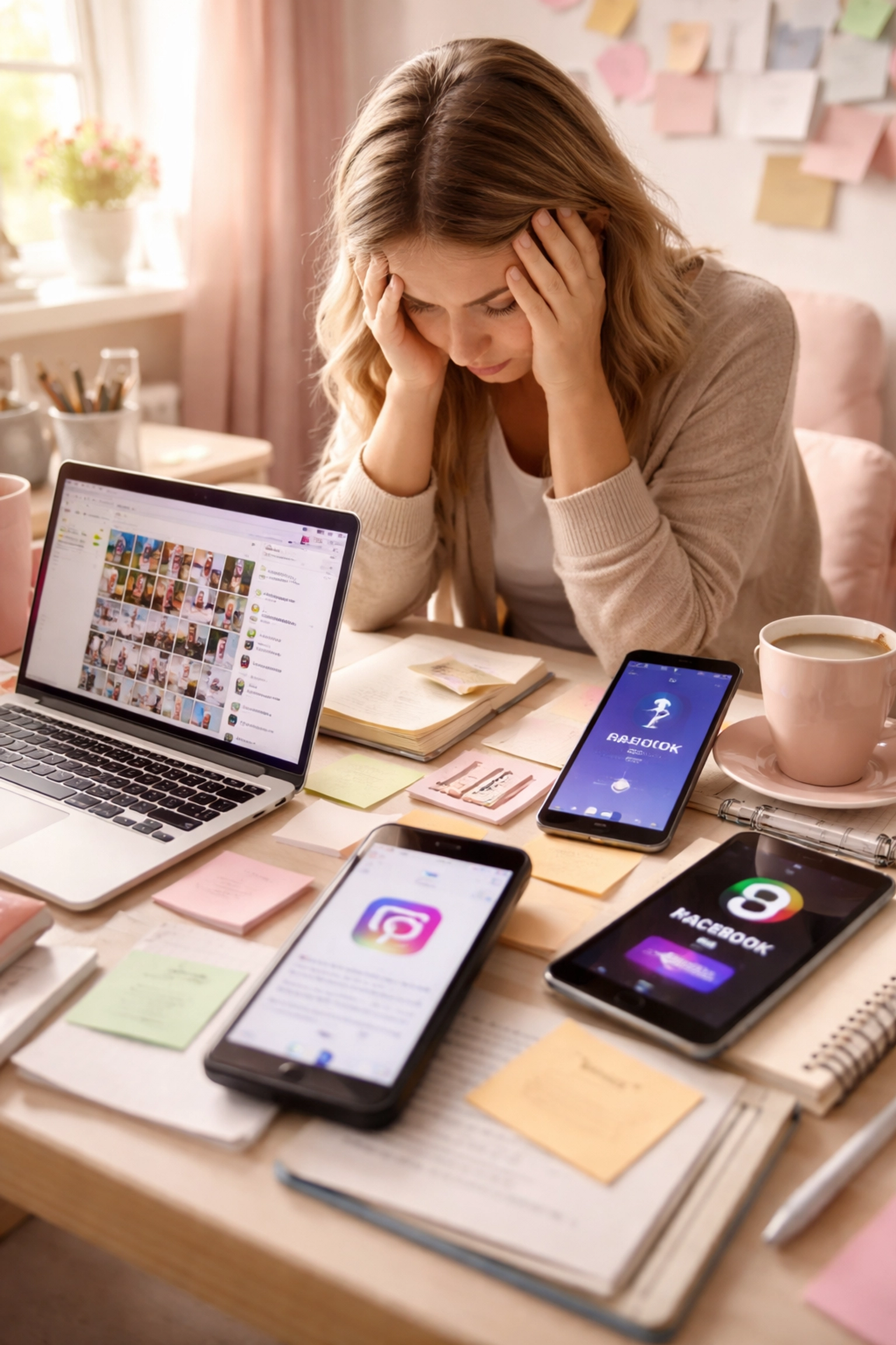 Overwhelmed business owner surrounded by devices and paperwork, symbolizing social media management stress