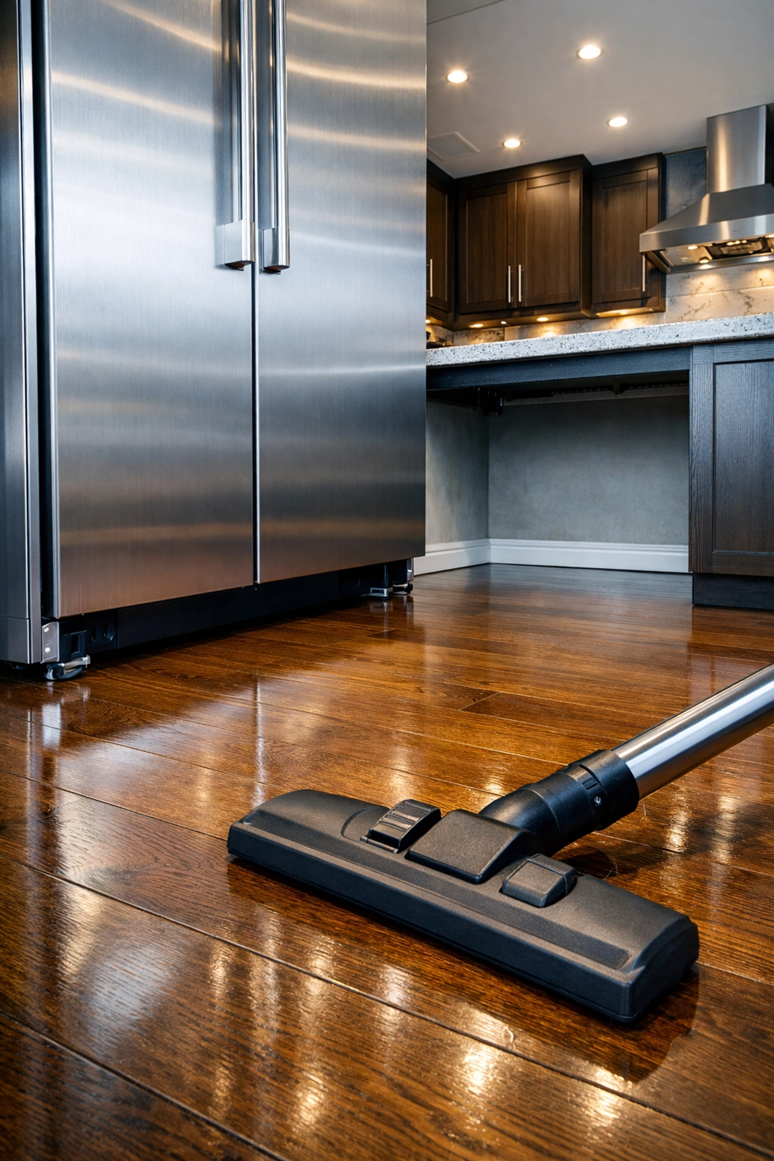 Cleaning behind a refrigerator to remove dust as part of a detailed residential cleaning in Orlando.