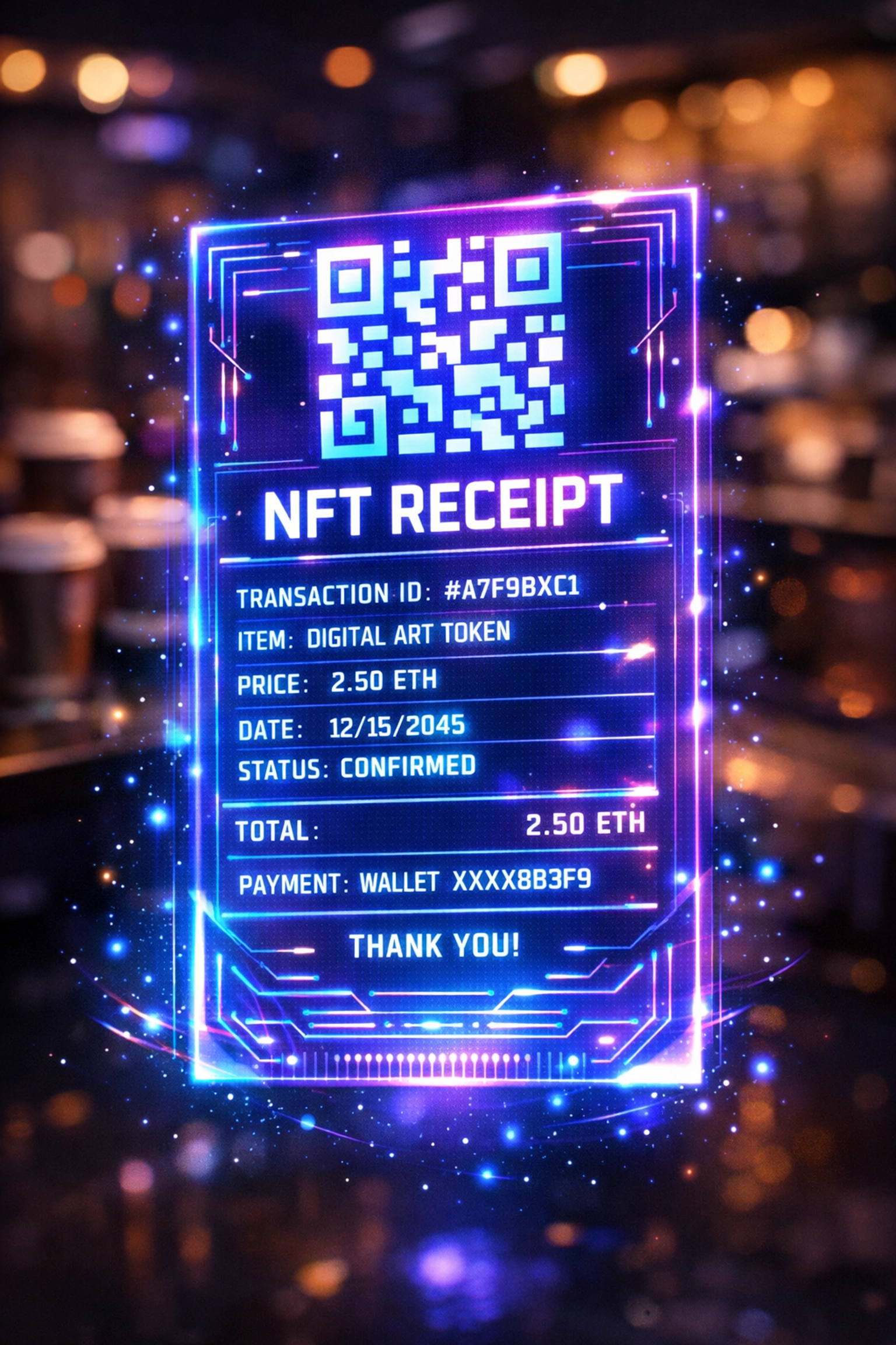 NFT receipt for crypto payment transaction displayed in retail point-of-sale environment