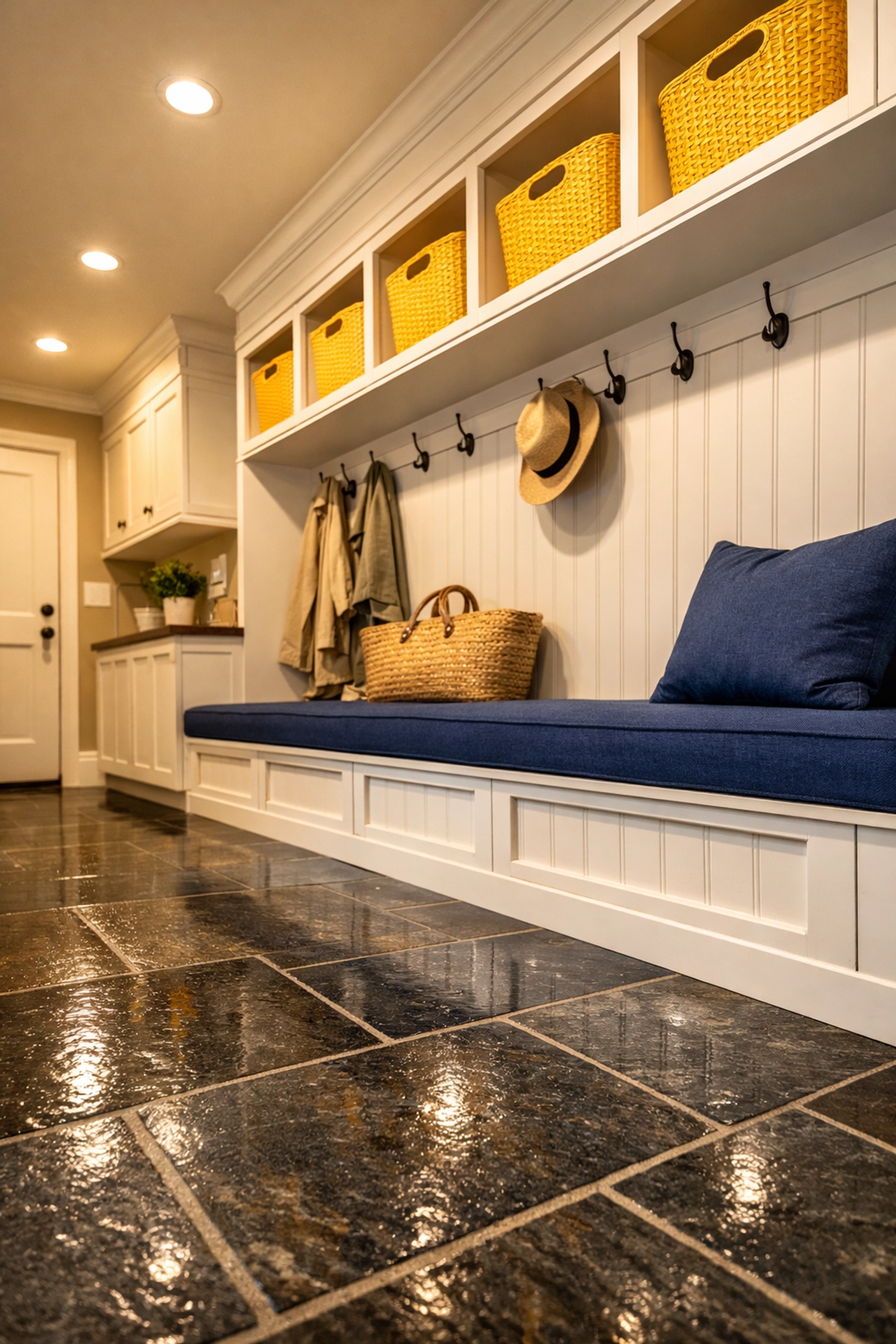 Spotless luxury mudroom with polished floors after family-friendly cleaning Groton services.