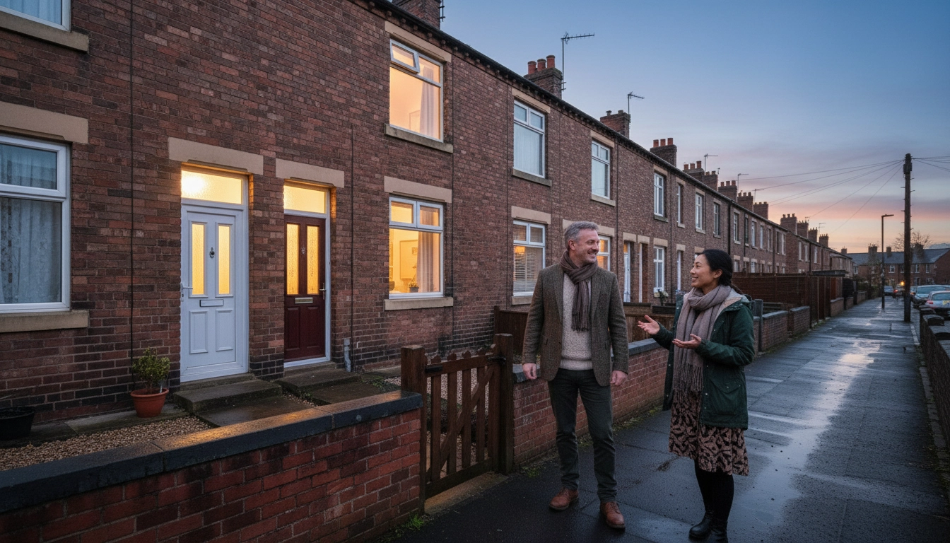 Man and woman talking while walking on a wet sidewalk beside brick row houses at dusk. Warm light glows from windows. Sky is clear.