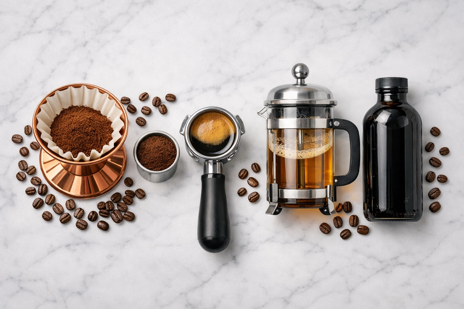 Various coffee brewing methods including pour-over, espresso, and French press
