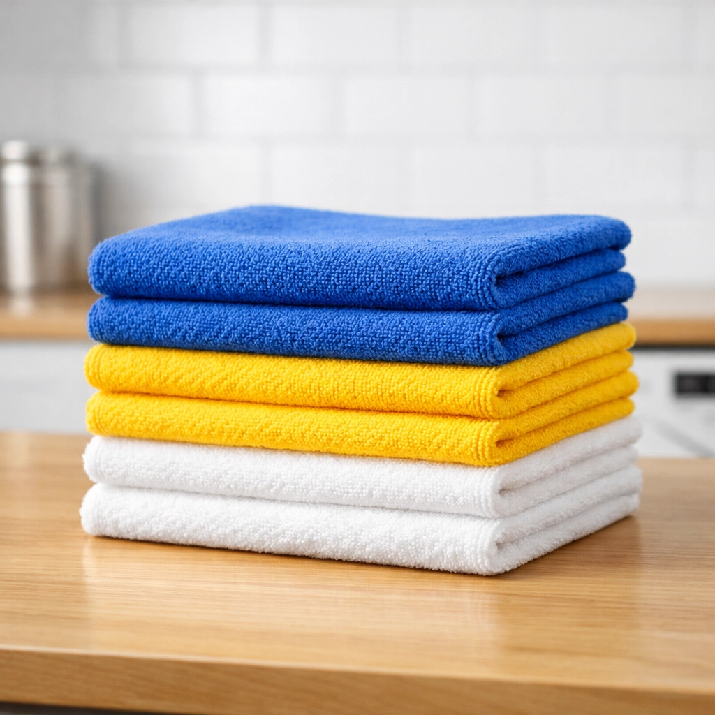 Clean, color-coded microfiber cloths ready for professional House Cleaning Townsend MA services.