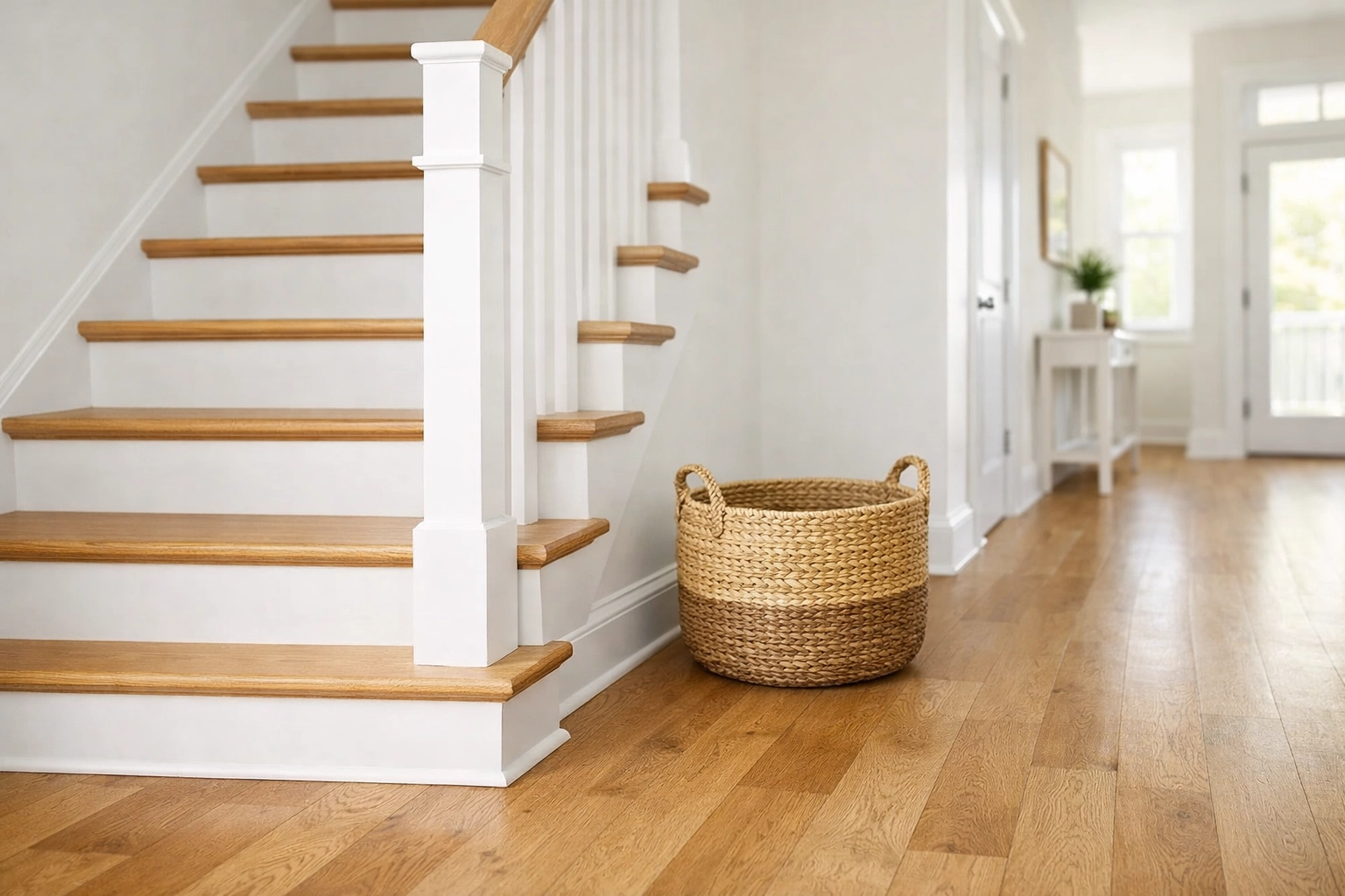 A clutter-free wooden staircase landing with a storage basket kept safely away from the steps.