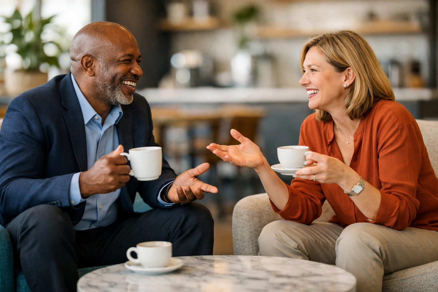 Business partners enjoying a conversation after saving time with automated CRM setup.