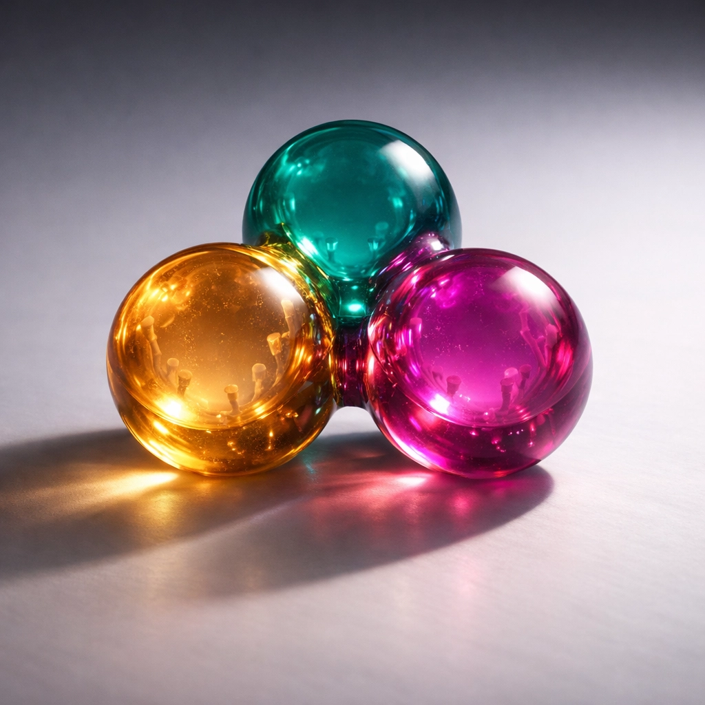 Three interconnected glowing spheres representing GLP-1, GIP, and Glucagon metabolic receptors.