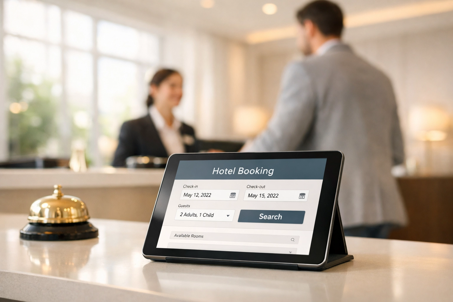 Hotel reception desk with tablet showing direct booking engine interface for guest check-in