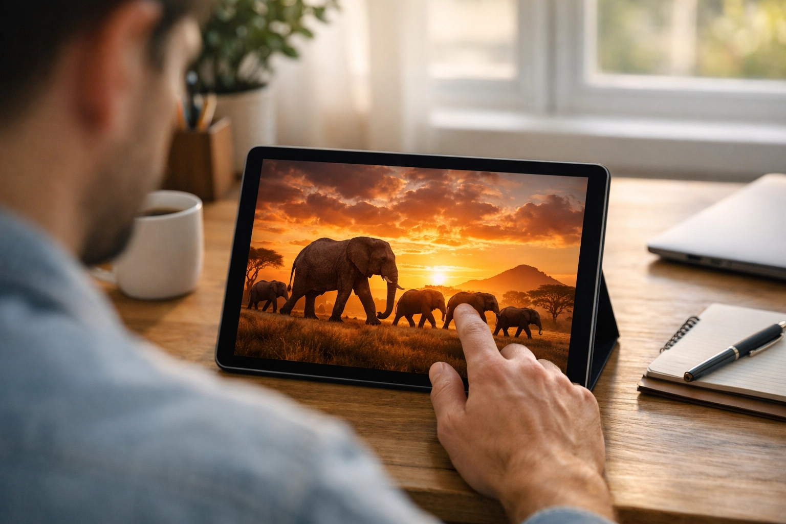 Person viewing elephant wildlife imagery on a tablet in a modern professional workspace.