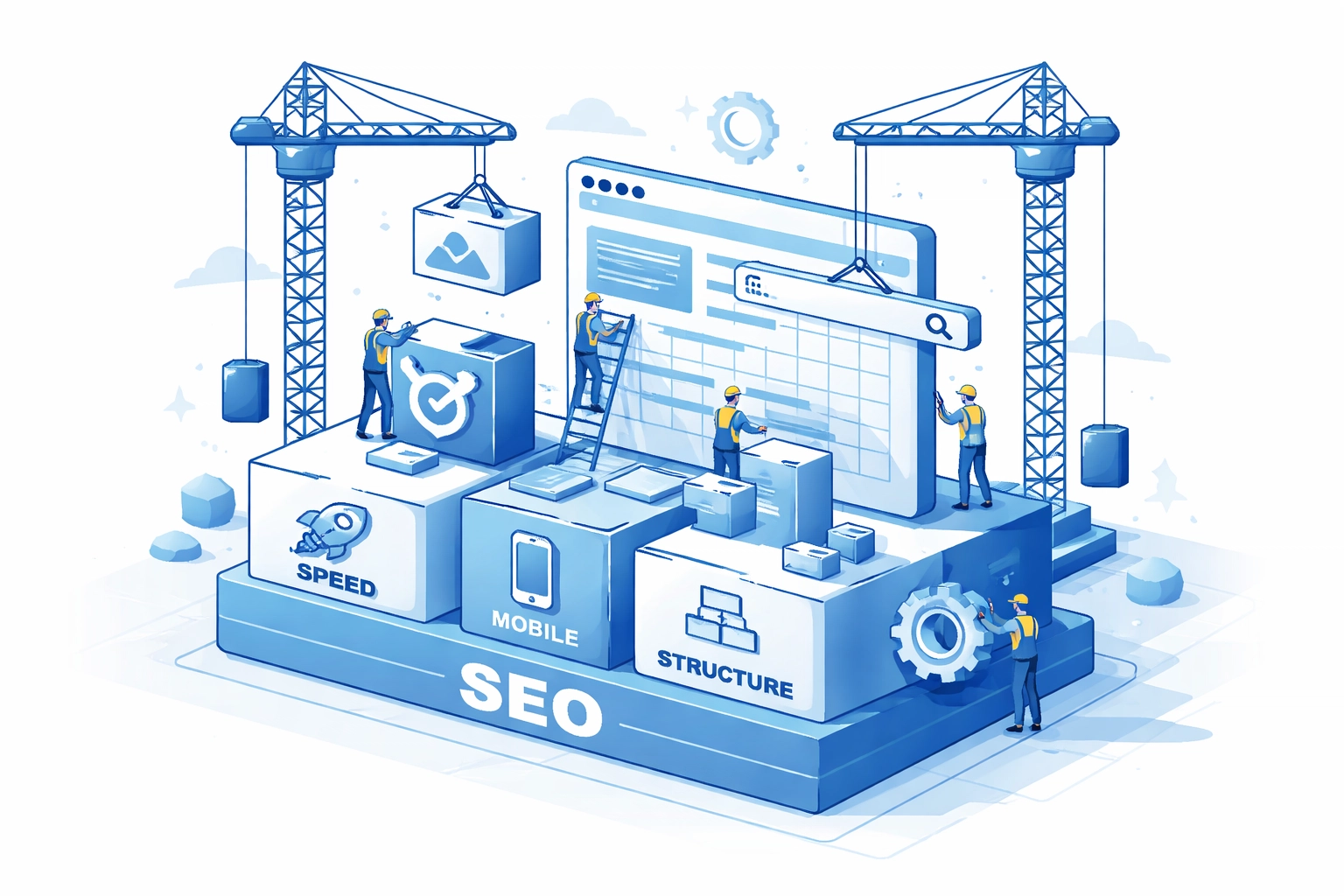 Construction-themed illustration showing website design built on strong SEO fundamentals and structure