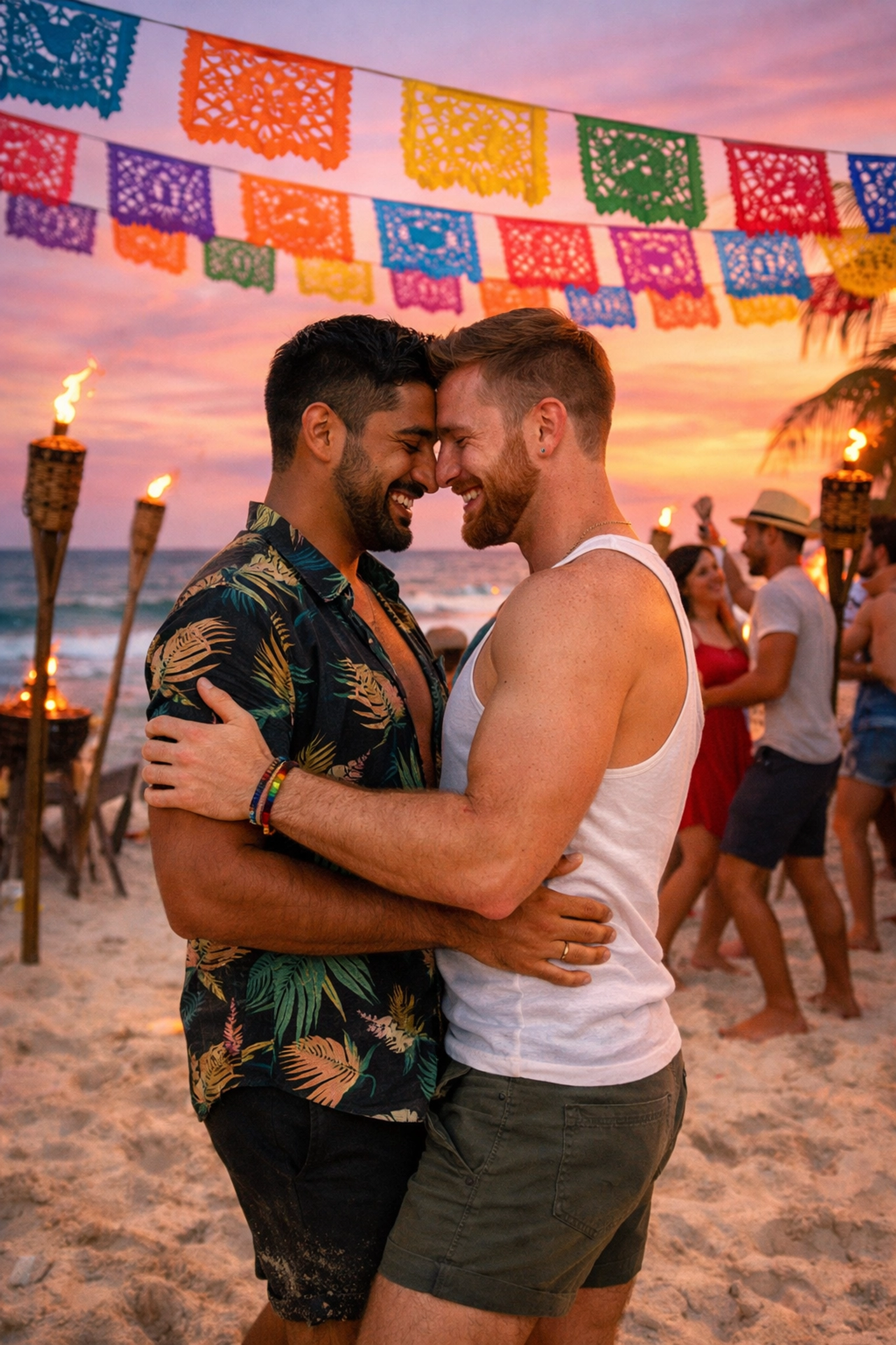 Gay men dancing at sunset beach party in Tulum Mexico celebrating LGBTQ+ culture