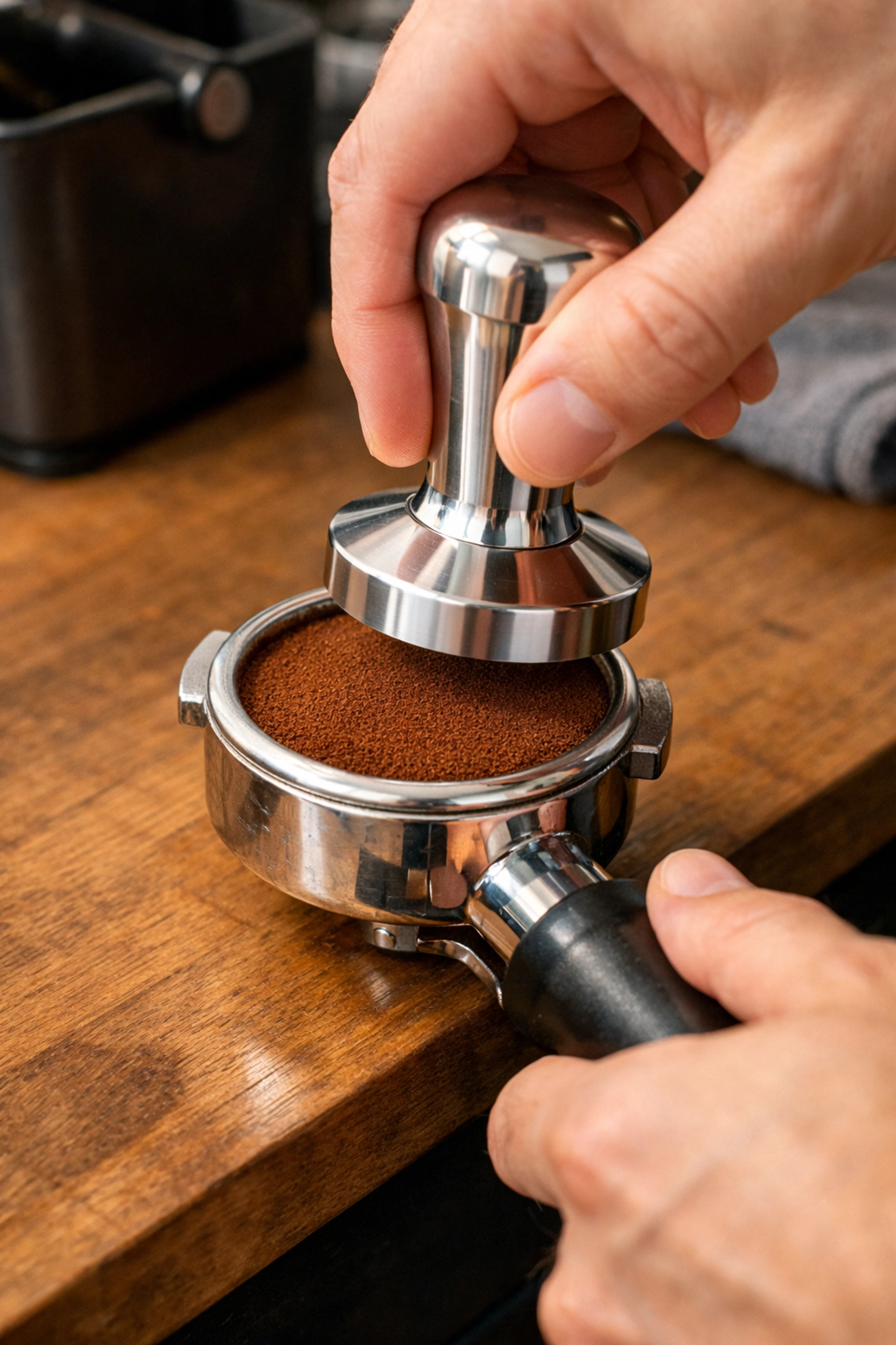 A barista using a metal tamper to level coffee grounds in a portafilter for a perfect espresso shot.