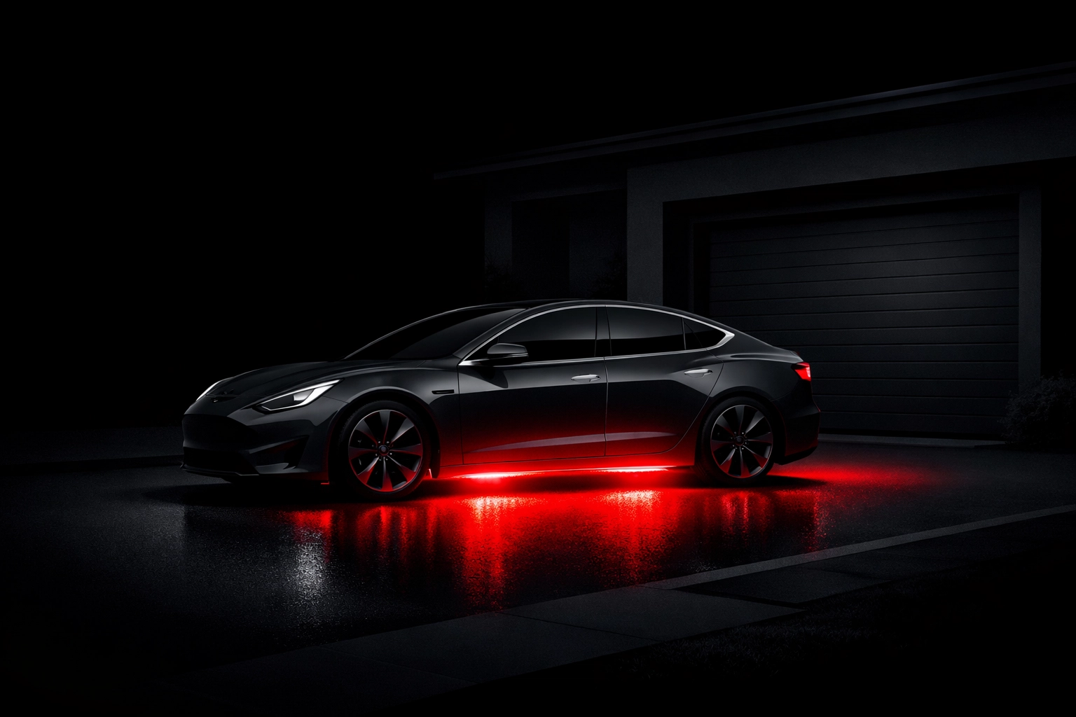 Electric car parked outside at night with a red warning glow, illustrating EV battery fire risk recalls.