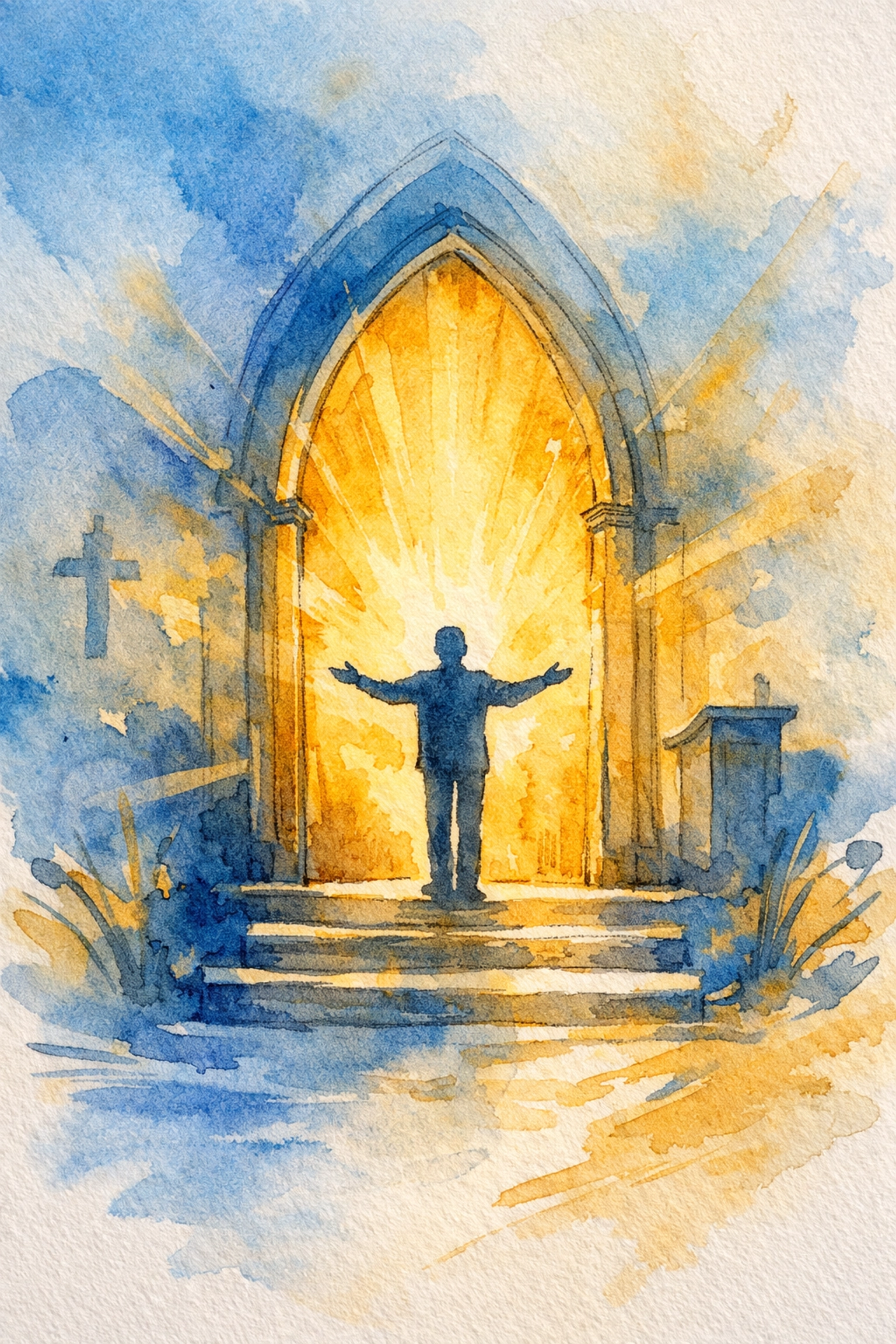 Welcoming person at church entrance with open arms showing mission-driven volunteer service