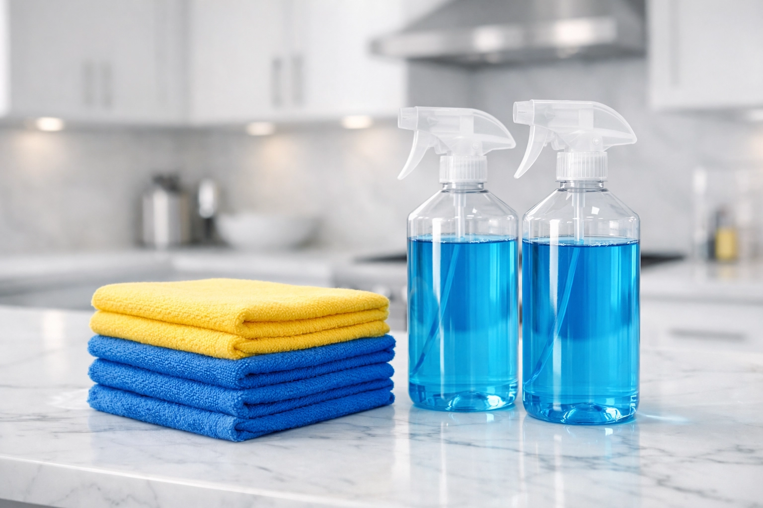Professional deep cleaning supplies and microfiber cloths on a modern white marble kitchen countertop.