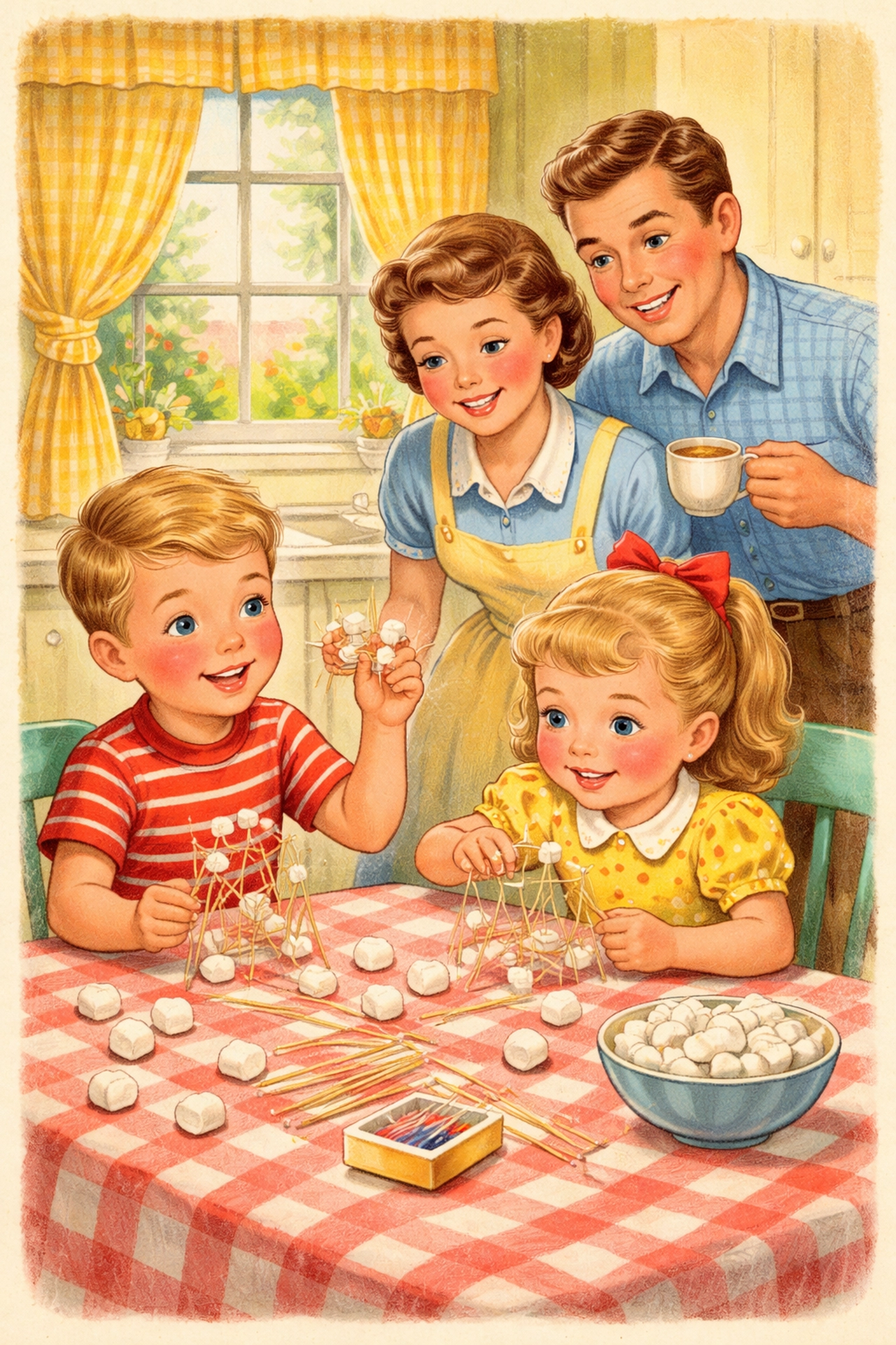 Family building a marshmallow and toothpick tower together at the kitchen table, fun STEM activity for kids