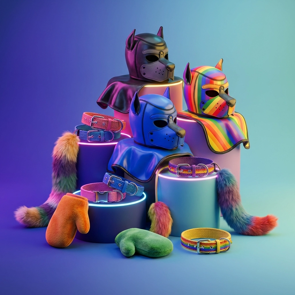 Colorful puppy play gear including hoods, collars, and accessories for individual expression