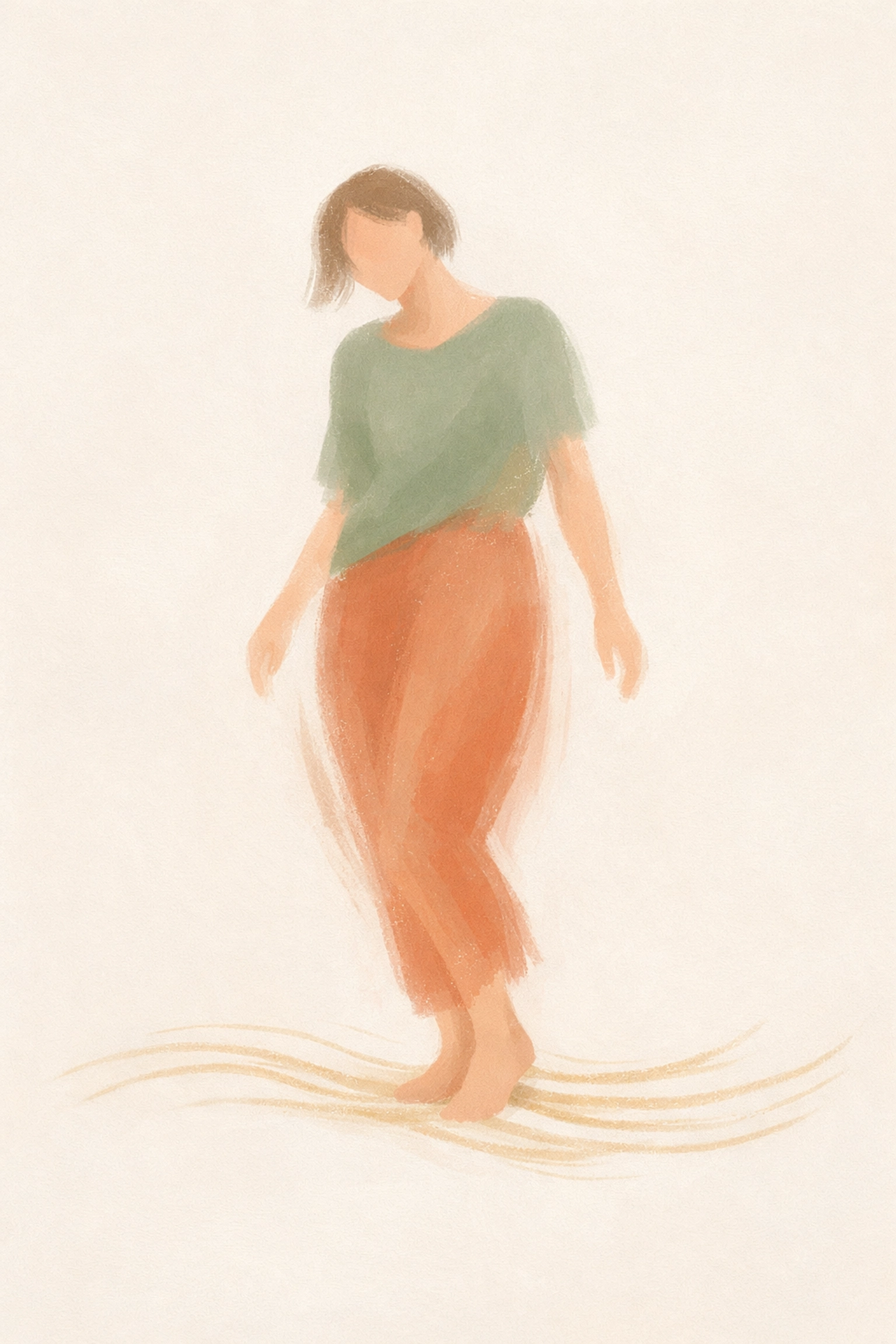 Minimalist illustration of a grounded figure using somatic movement tools to calm anxiety in holistic psychiatry.
