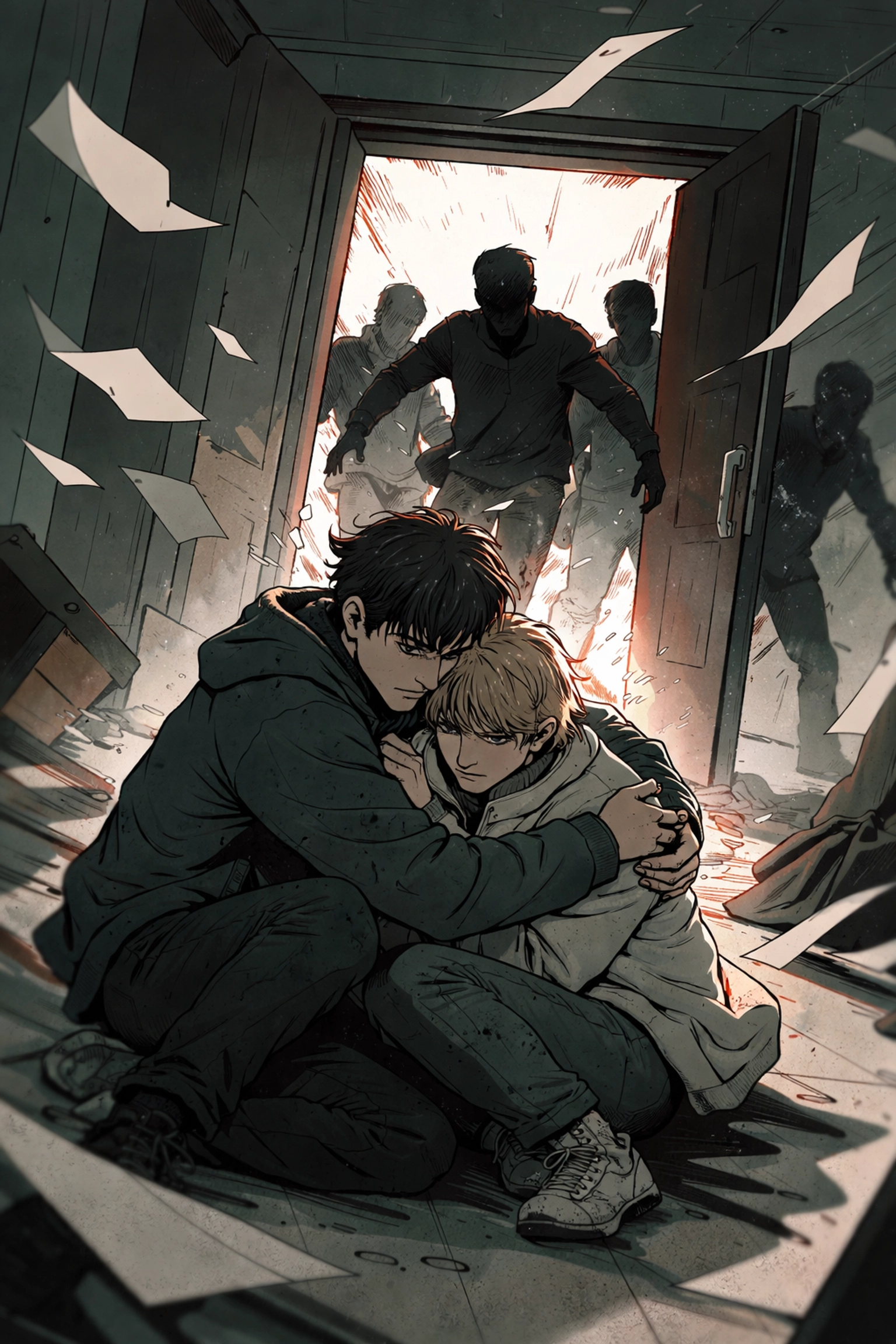 Two young men huddle protectively as figures burst in, illustrating chaos and danger in The House of Lights.