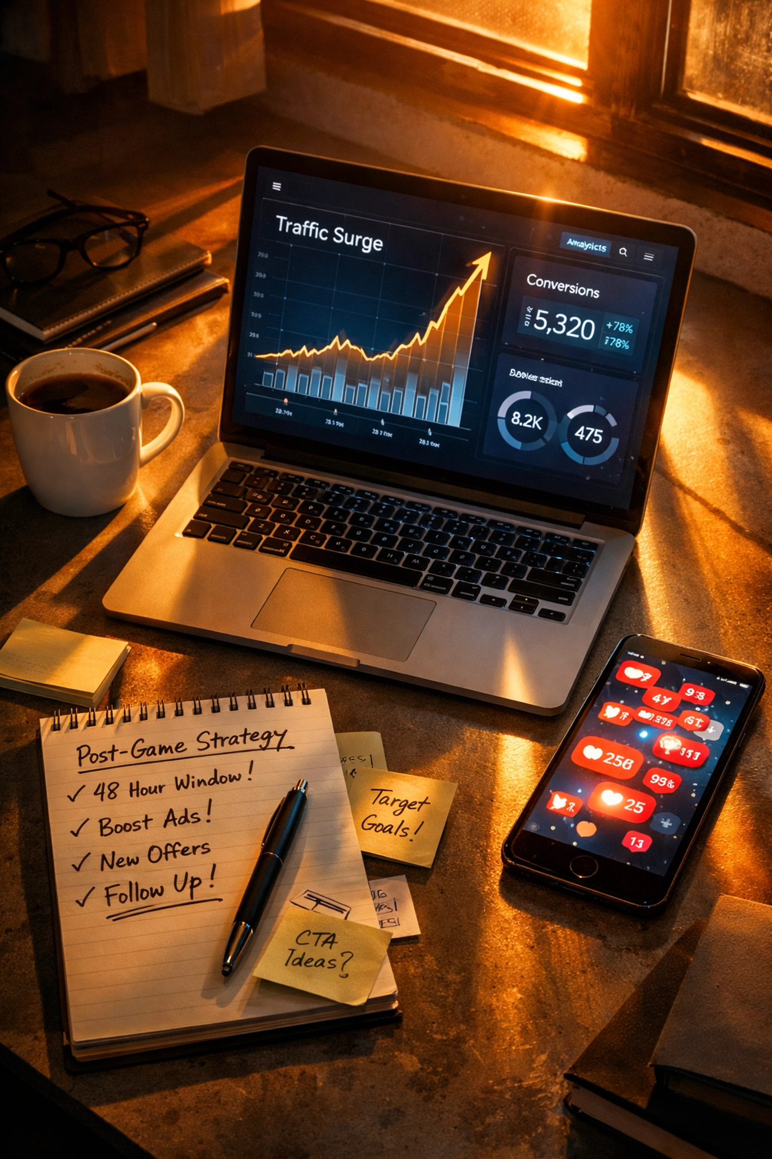 Marketing analytics dashboard displaying post-Super Bowl conversion spike and engagement metrics