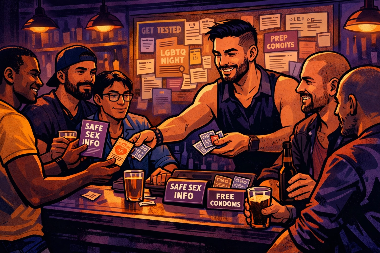 Bartender distributing AIDS education materials at gay cruise bar in 1980s