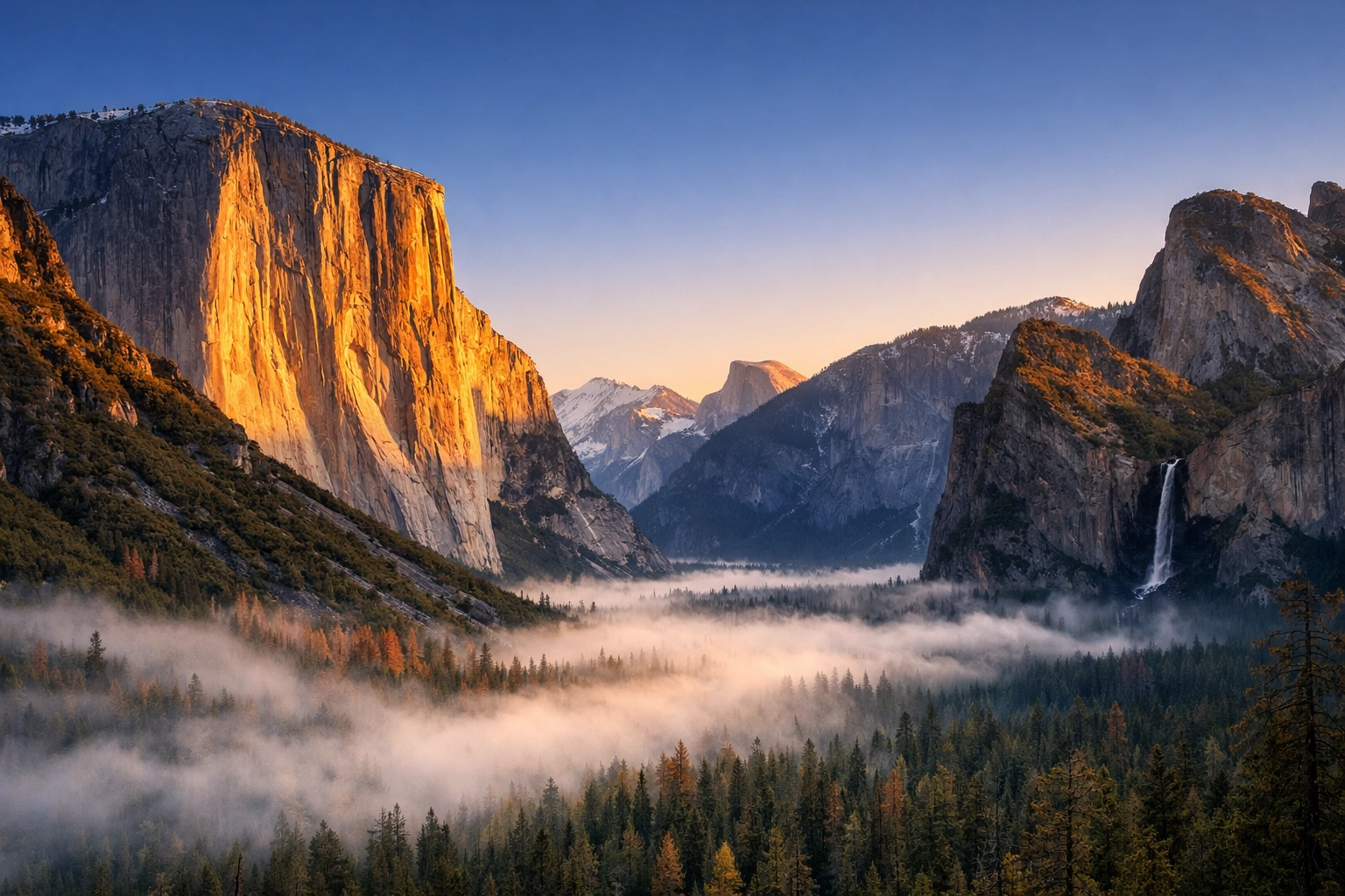 Sunrise over Yosemite Valley from Tunnel View, one of the best photography locations in California.