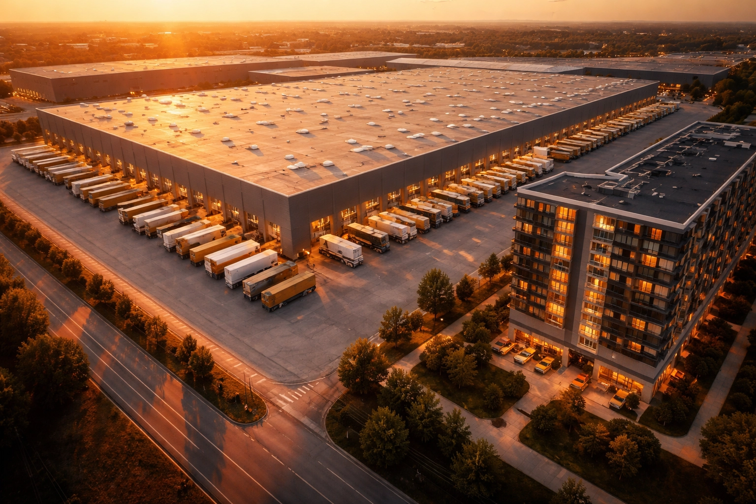 Aerial view of industrial warehouse and apartments illustrating modern real estate investment strategies