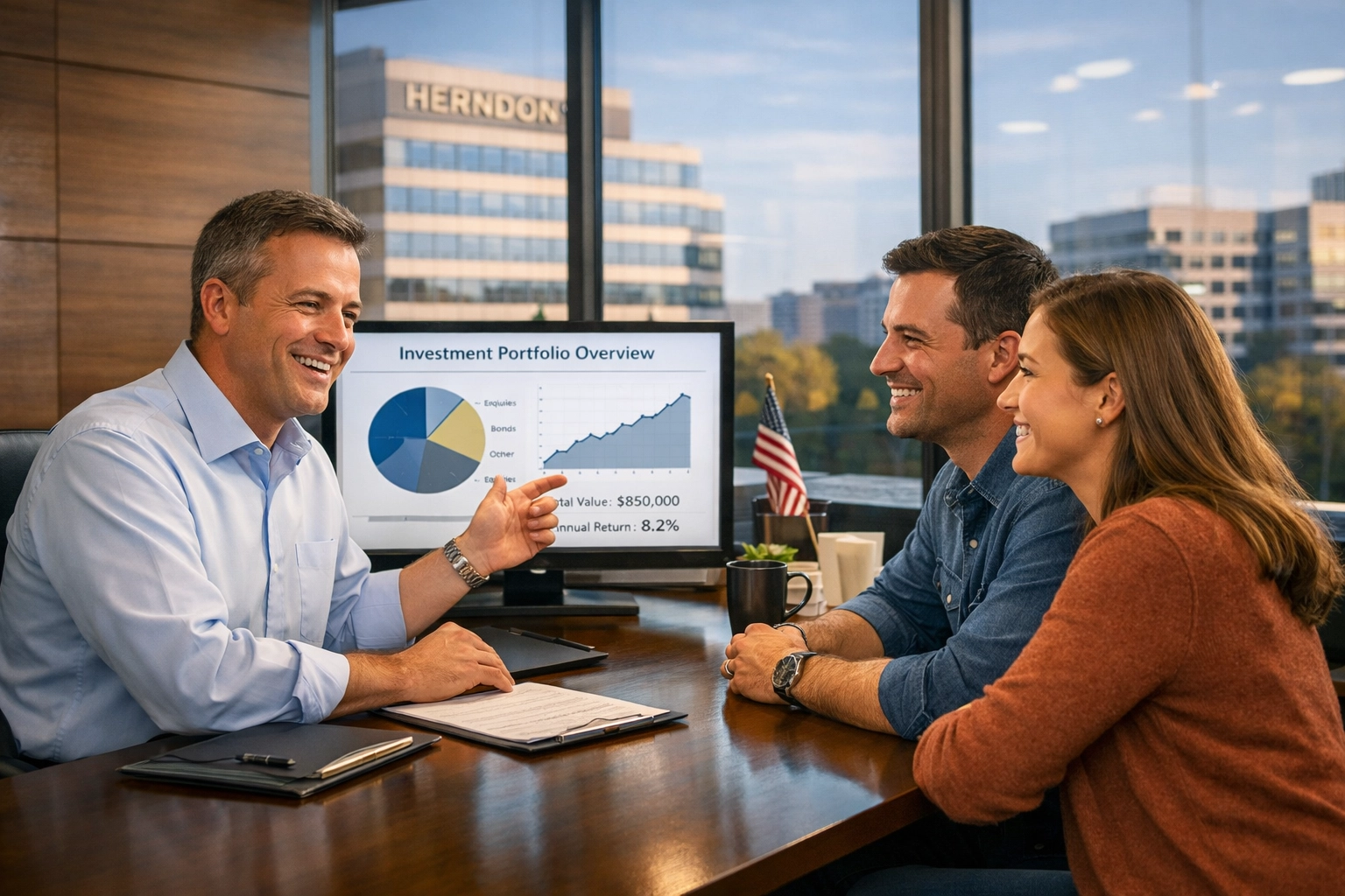 Financial consultant in Herndon discussing a Safety First Strategy with a relaxed couple in a modern office.