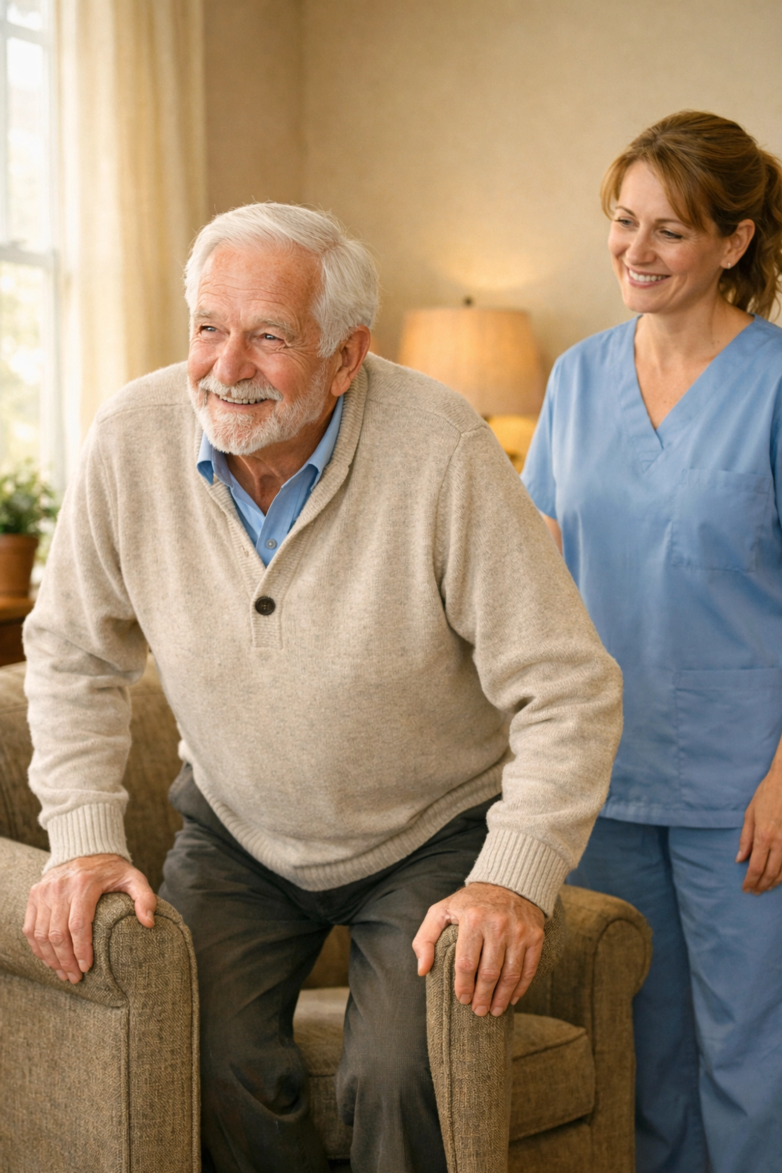Senior man standing from chair with caregiver providing supportive presence nearby