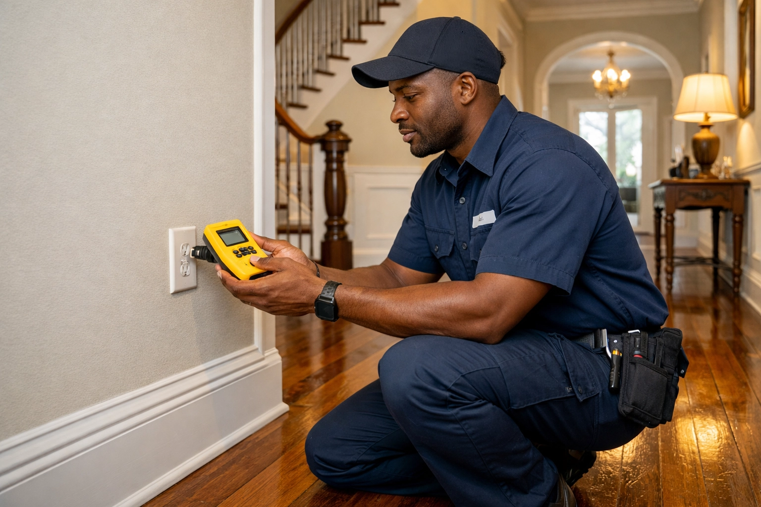 Technician testing downstream outlets to resolve GFCI tripping in a Charleston home