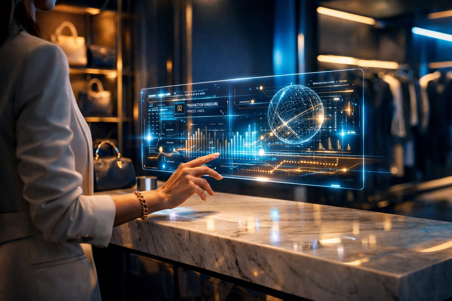 Metaverse boutique featuring gesture-based crypto payments and a holographic checkout interface.