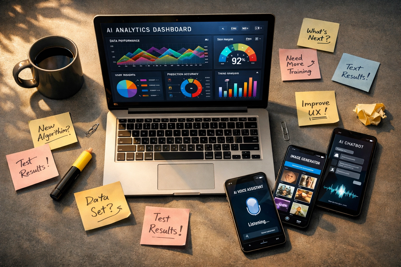 MSP owner's desk with multiple AI tools and dashboards showing tool overload vs strategic implementation