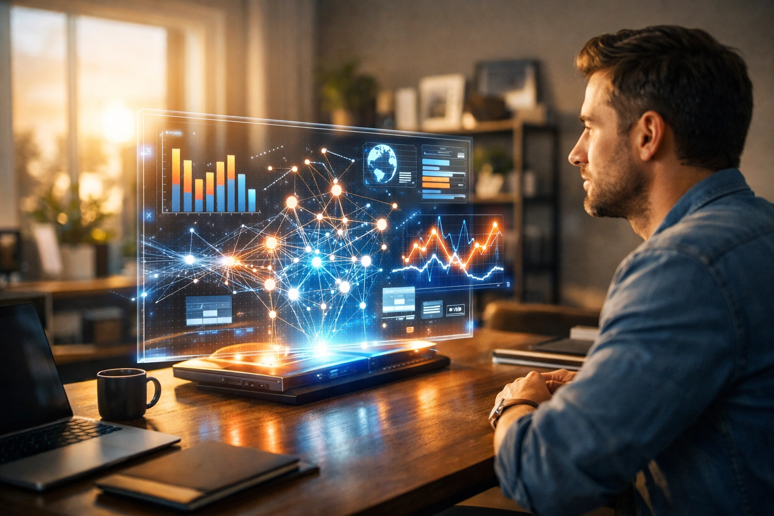 Small business owner using AI tools to analyze data and manage digital office tasks.