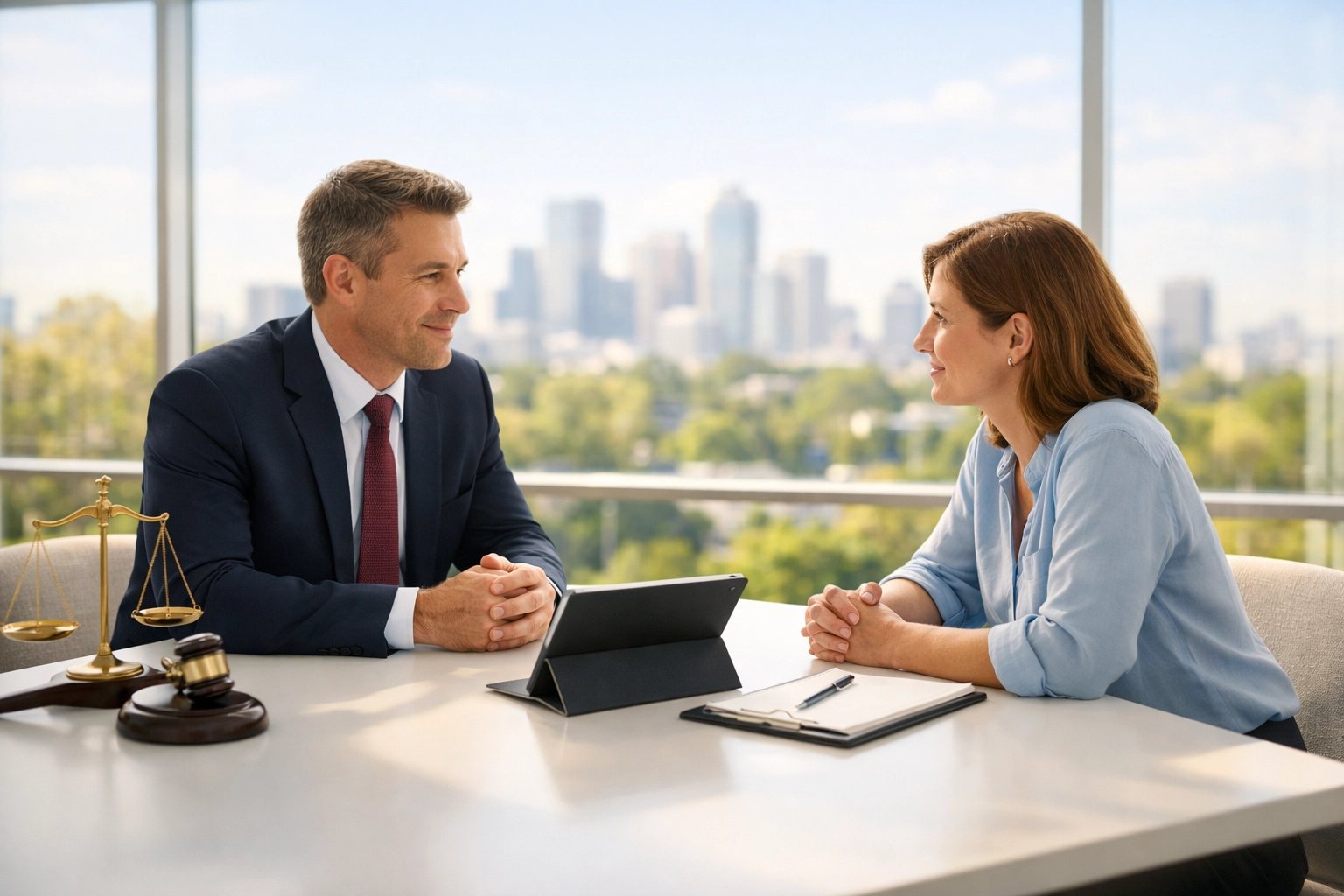 A lawyer and client discussing legal strategies for recovering money lost to a romance scammer.