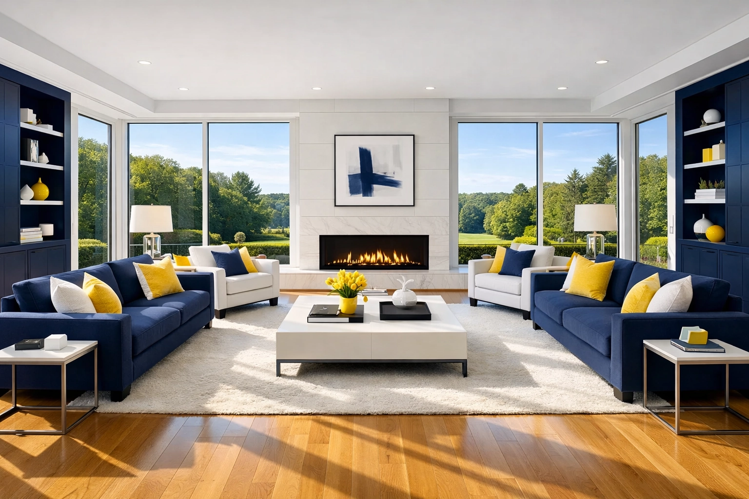 Pristine Dover mansion living room with flawless hardwood floors from a top residential cleaning Massachusetts service.