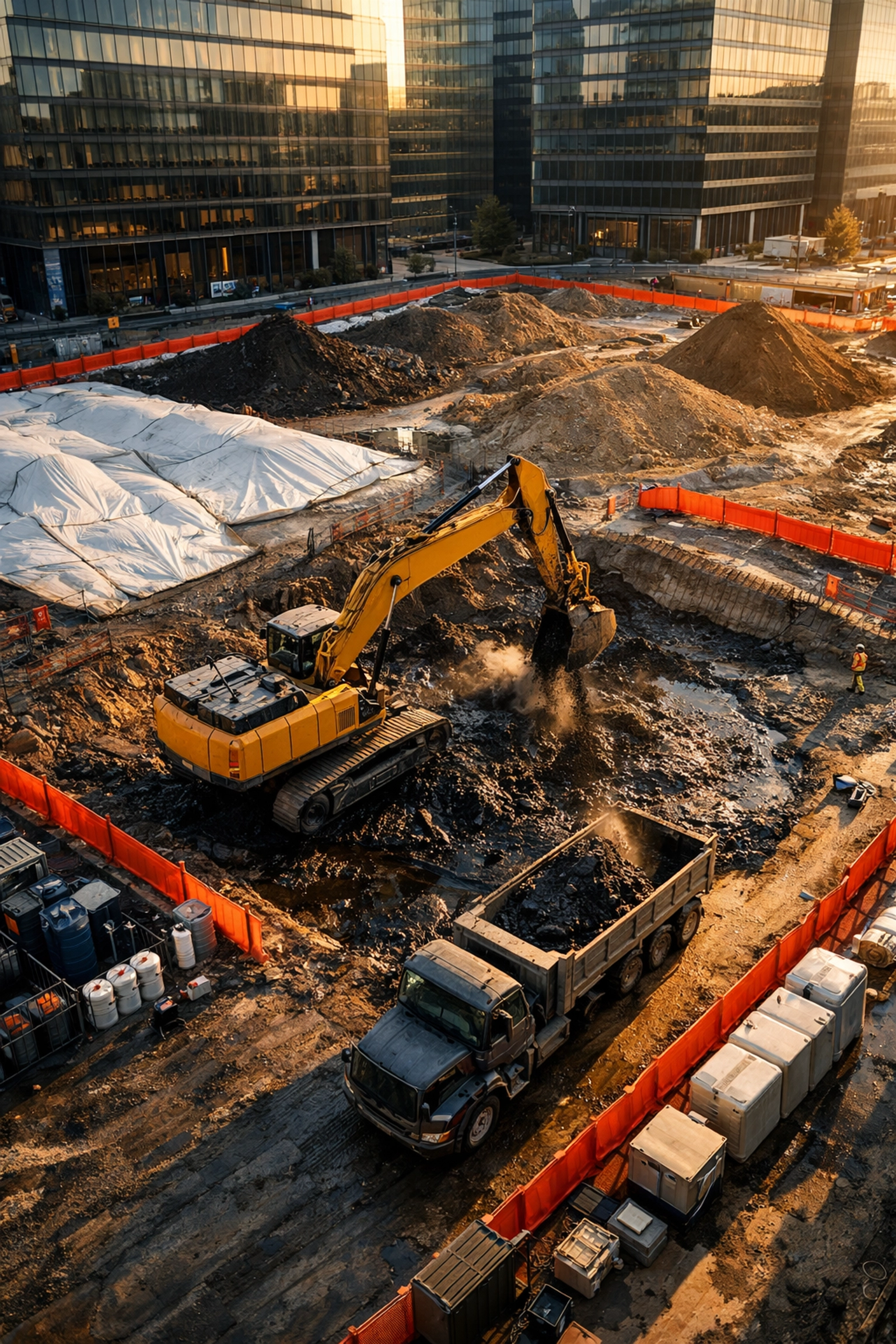 Excavator removing contaminated soil at urban construction site with staging areas and safety barriers