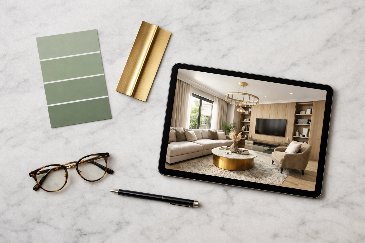 Modernize Methods virtual home design workspace with sage green samples and architectural room renderings.