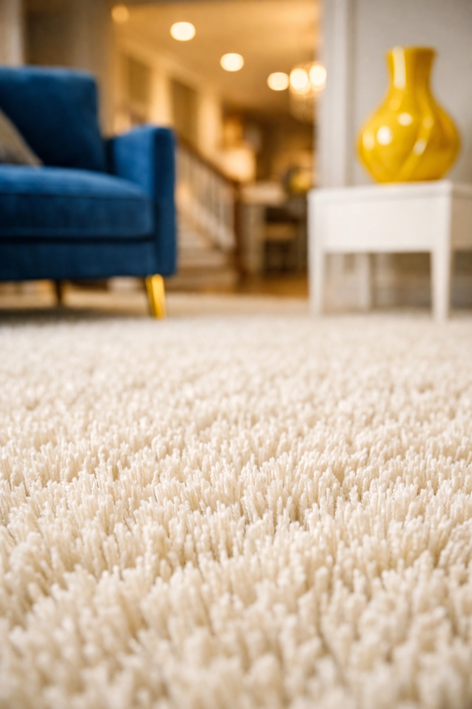 Professionally cleaned cream carpet with revived fibers and restored texture in a modern living room.