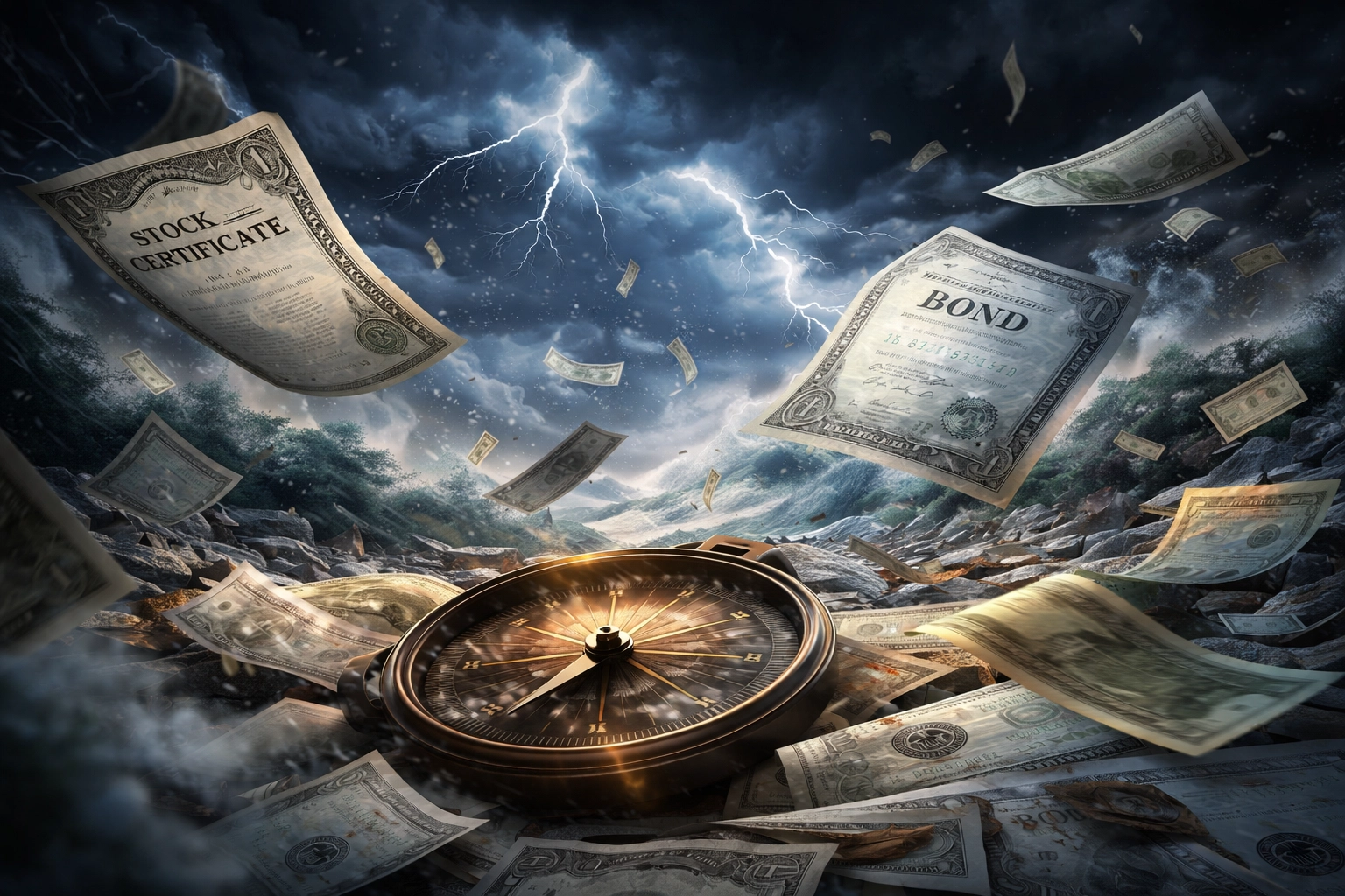 Financial storm with stocks and bonds swirling, representing market volatility and portfolio risk in modern investing