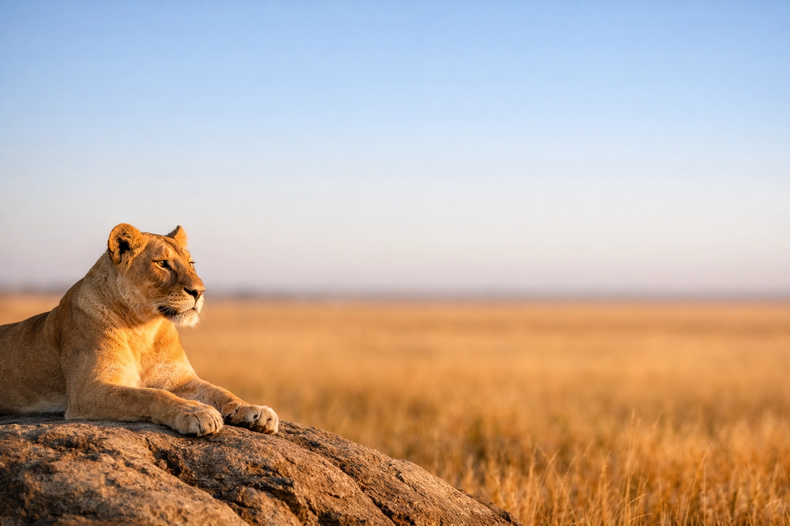 A lioness on the savanna with ample negative space for professional branding and text overlays.