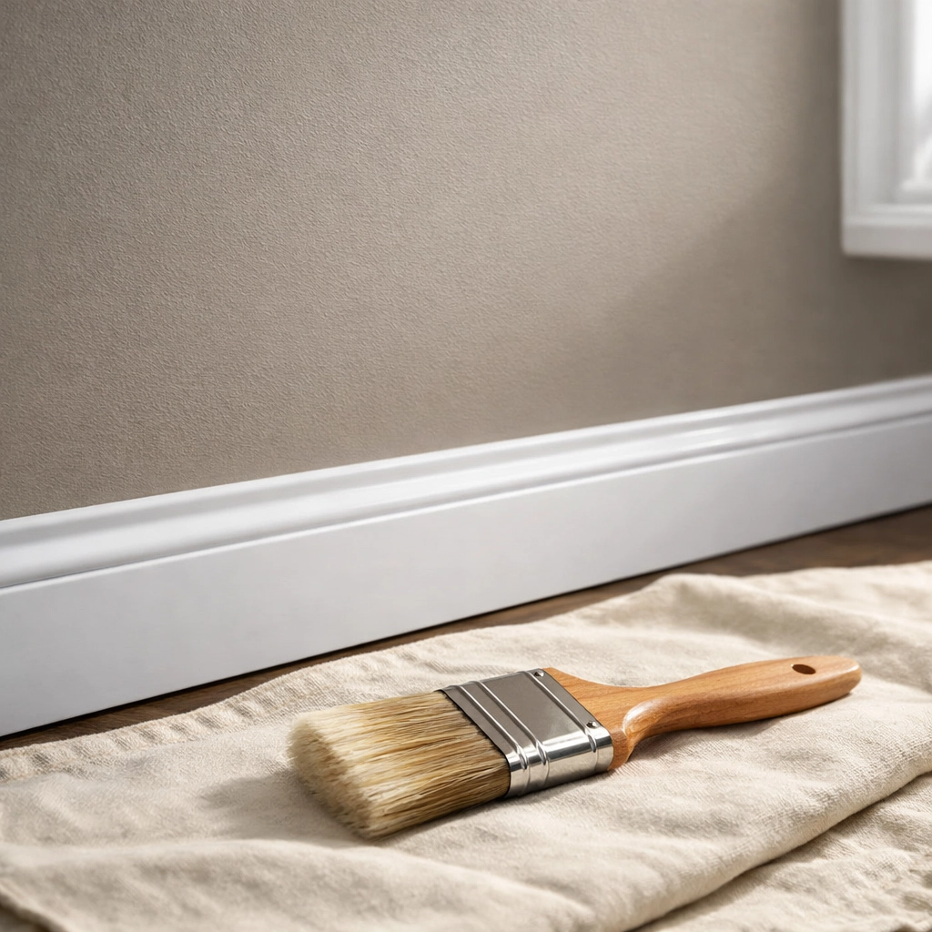 Professional interior painting in Orlando featuring a smooth greige wall and crisp white baseboard finish.
